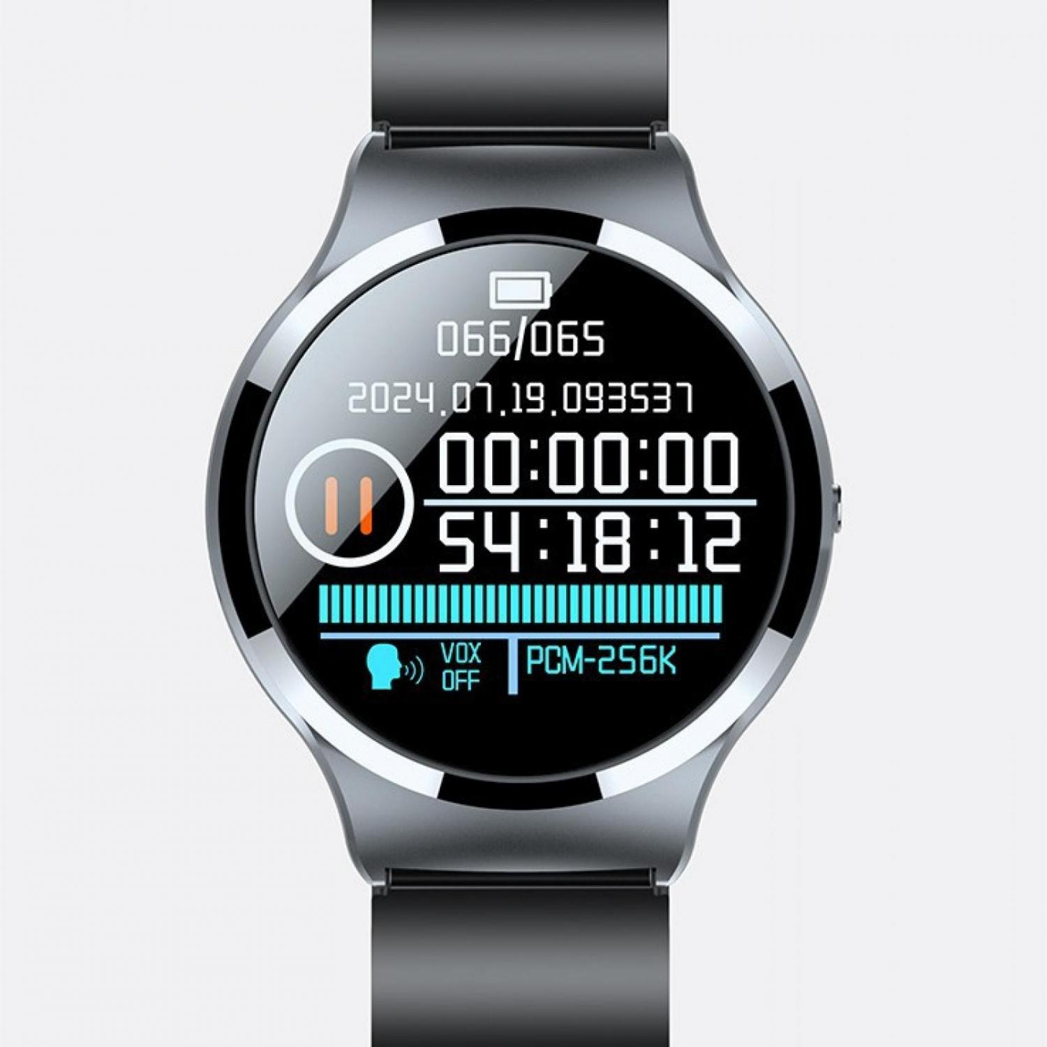 Eine graue Smartwatch mit einem runden Display zeigt Datum, Uhrzeit und Aufnahmeinformationen an.
