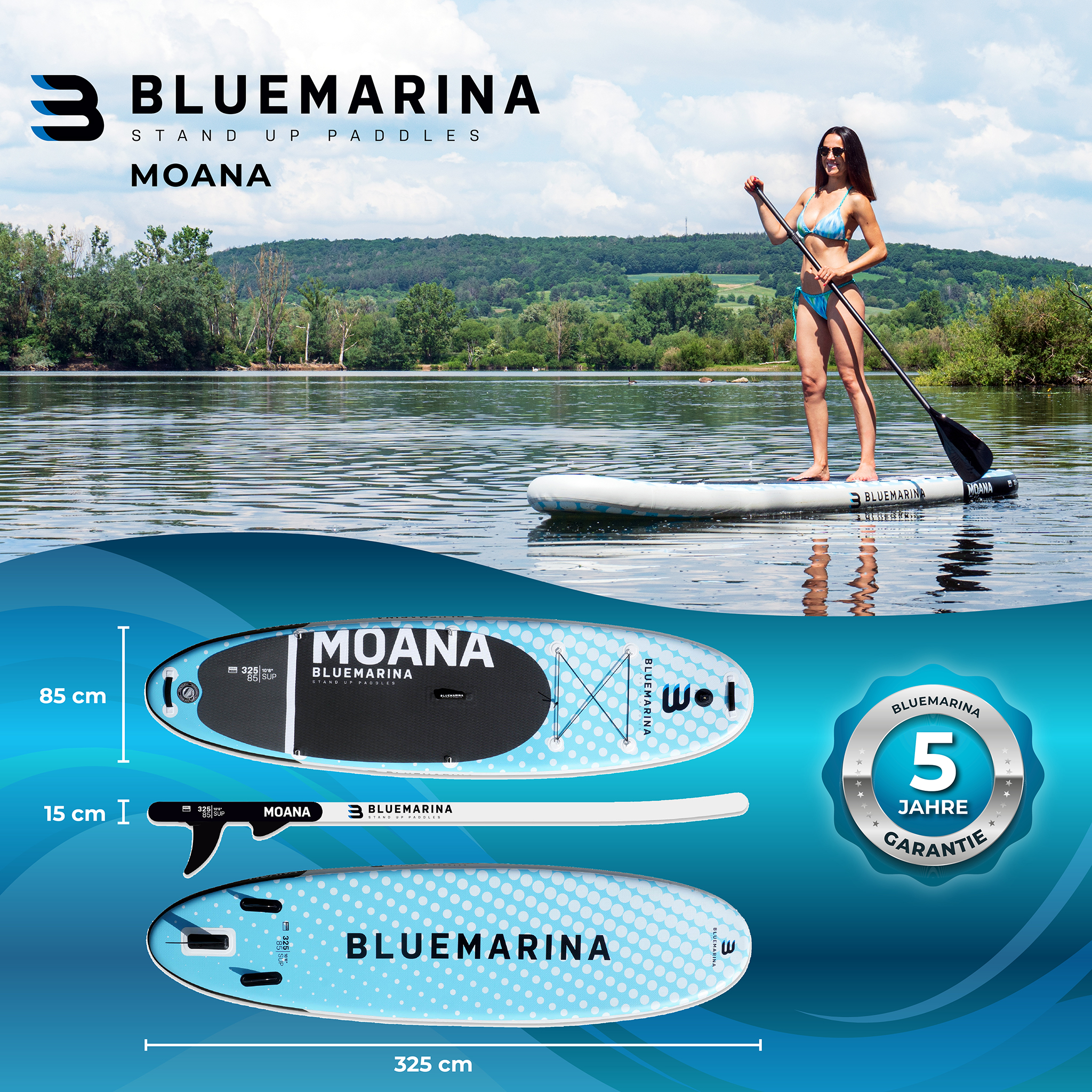 Eine Frau auf einem Stand-Up-Paddleboard auf einem See. Details des Boards unten.