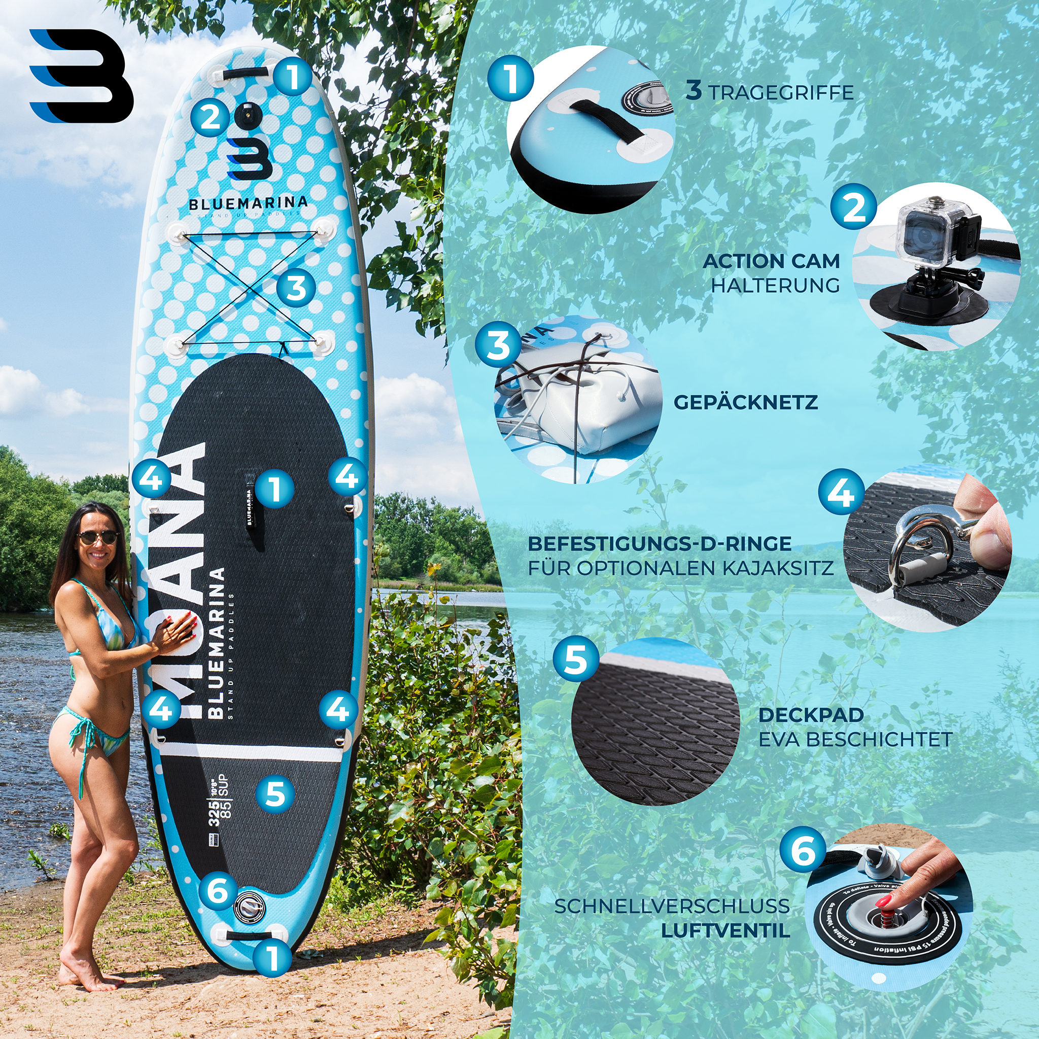 Stand-Up-Paddle-Board mit Frau, Tragegriffen, Gepäcknetz, D-Ringen, Deckpad & Ventil.