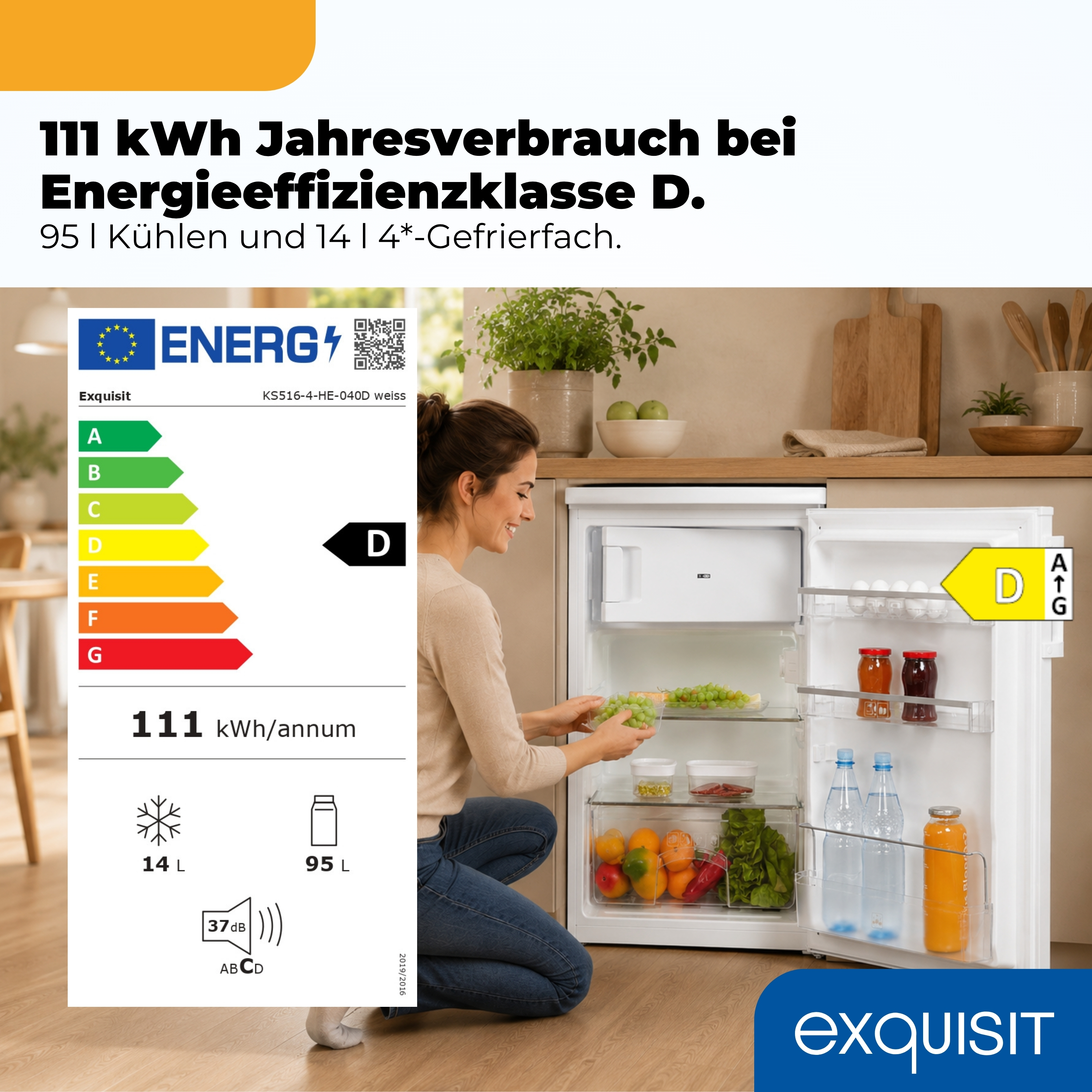 Kühlschrank mit Energieeffizienzklasse D, 111 kWh/Jahr, 95L Kühlraum, 14L Gefrierfach.