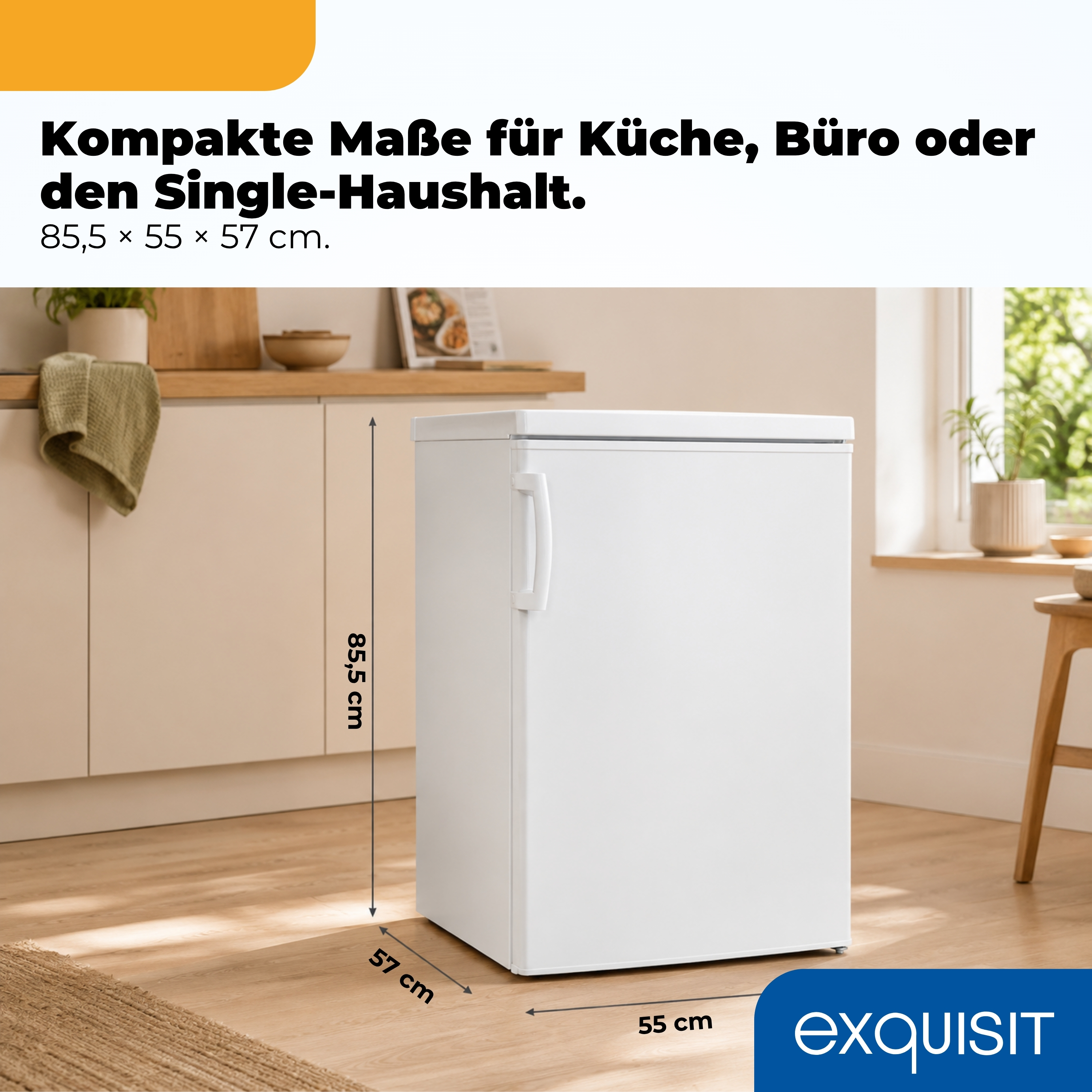 Ein weißer Kühlschrank mit den Maßen 85,5x55x57 cm steht in einer Küche.