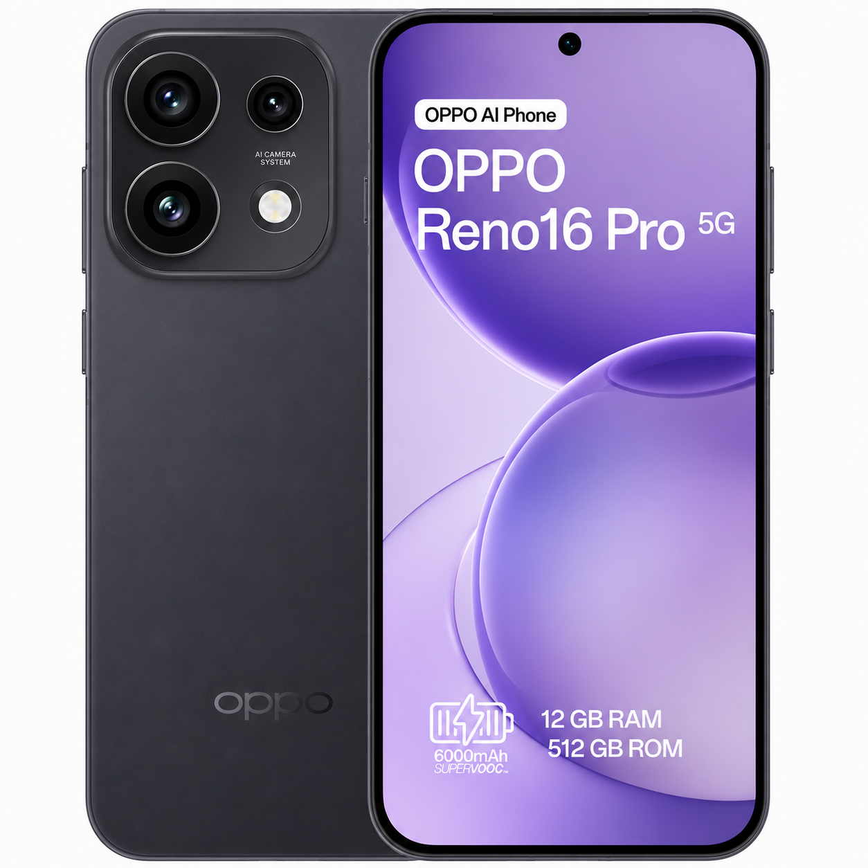 Smartphone Oppo Reno16 Pro 5G grigio scuro con array di fotocamere posteriori.