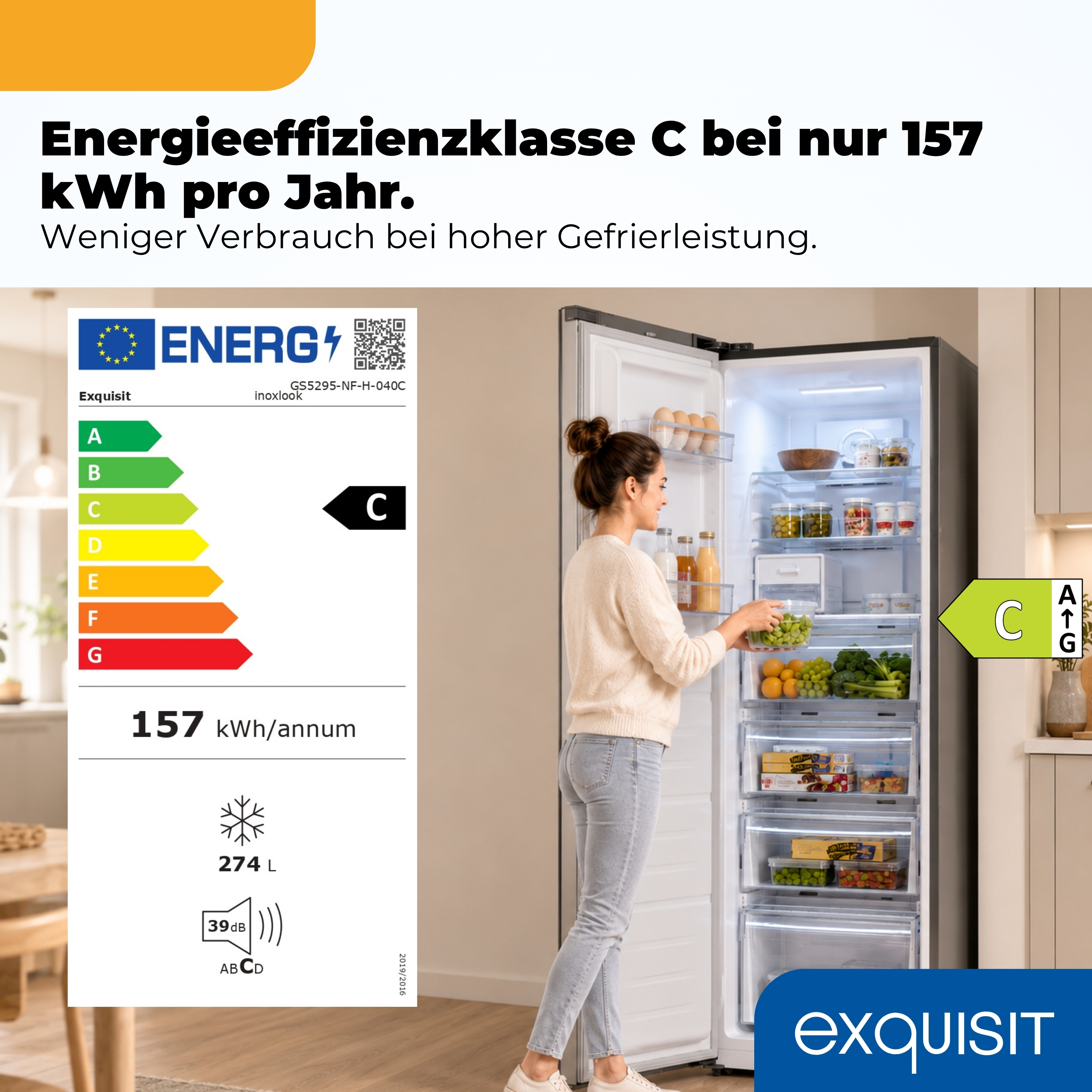 Kühlgefrierkombination mit Energieeffizienzklasse C, 157 kWh/Jahr.