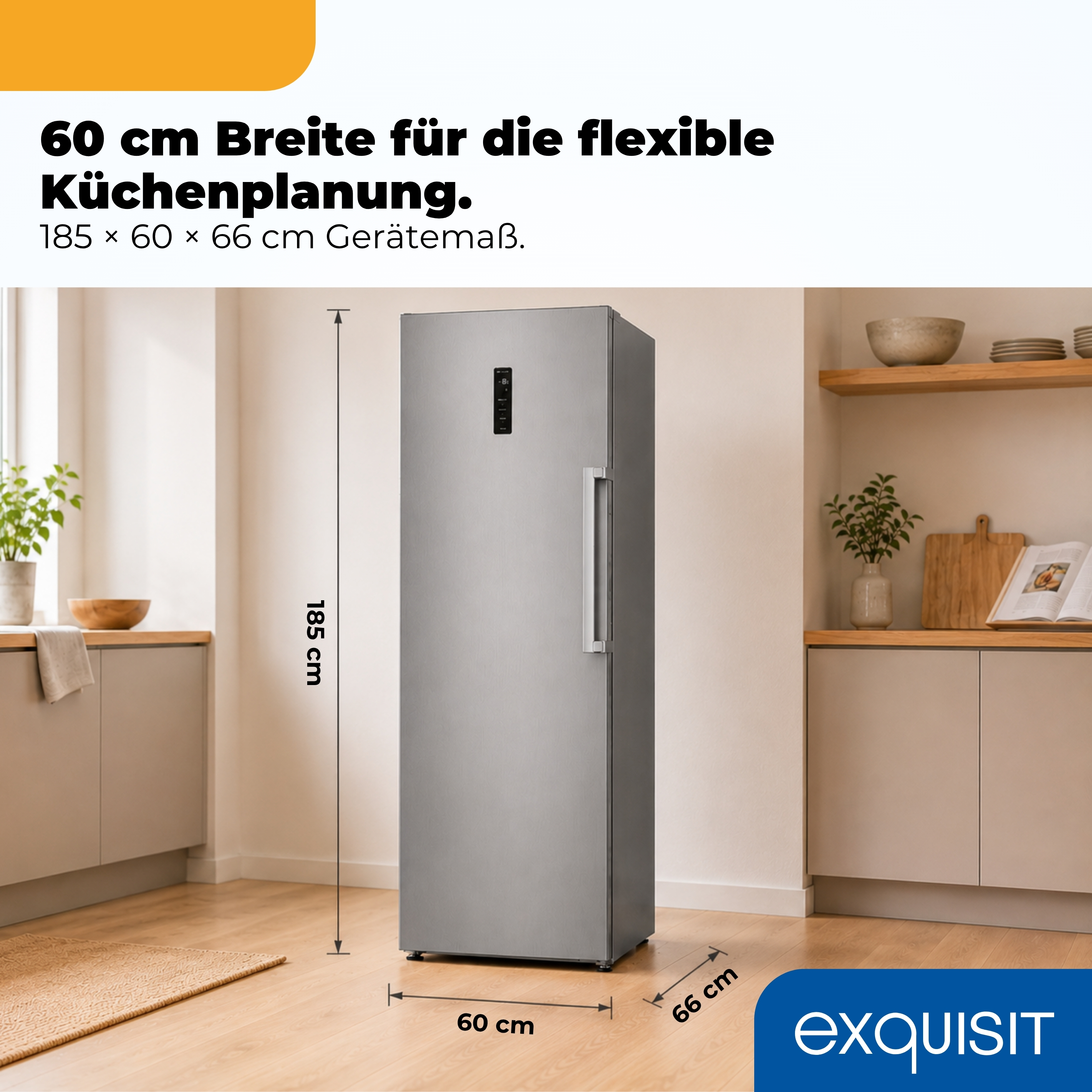 Ein freistehender Kühlschrank mit 60 cm Breite, 185 cm Höhe.