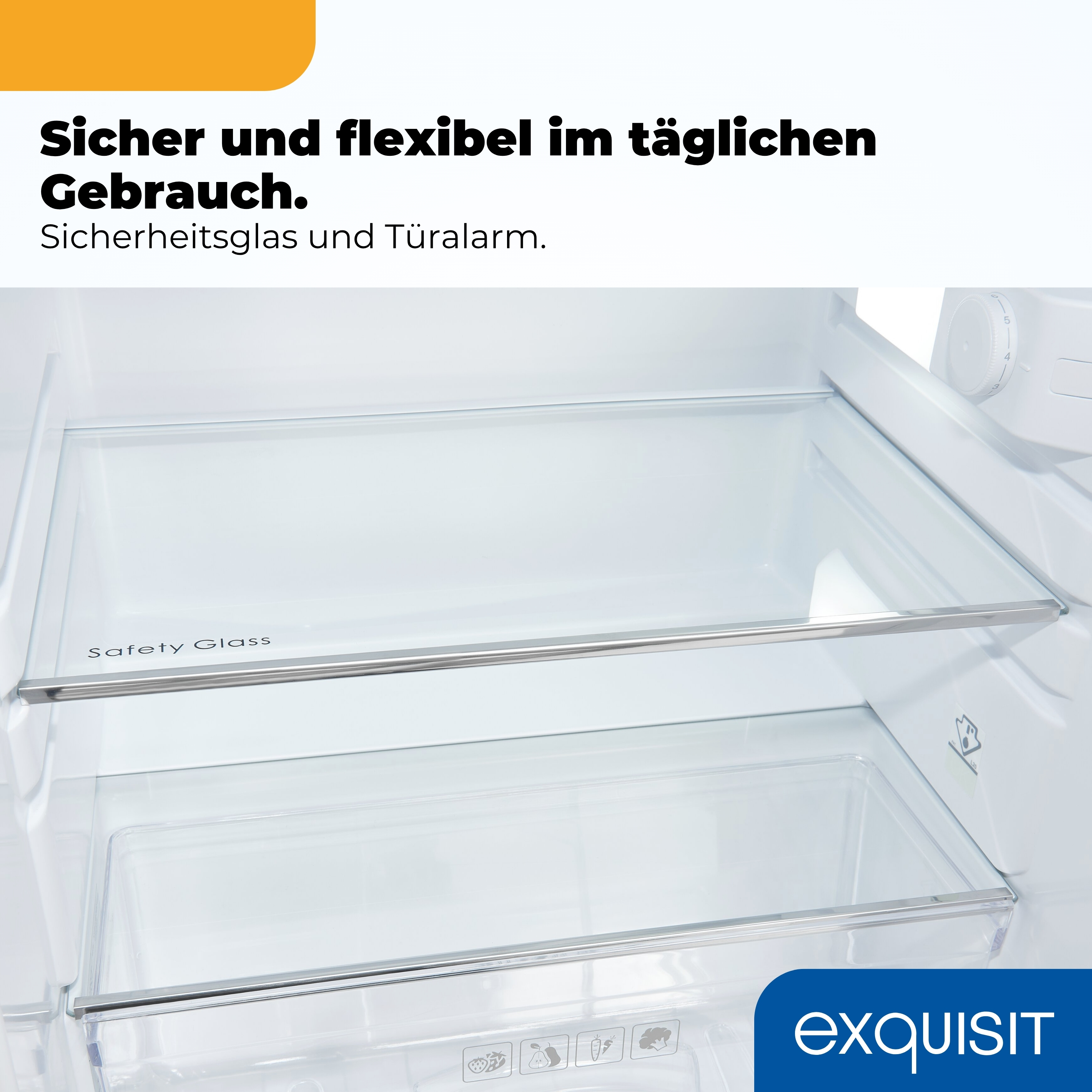 Innenraum eines sauberen weißen Kühlschranks mit Glasböden und Schubladen. Text 'Safety Glass'.