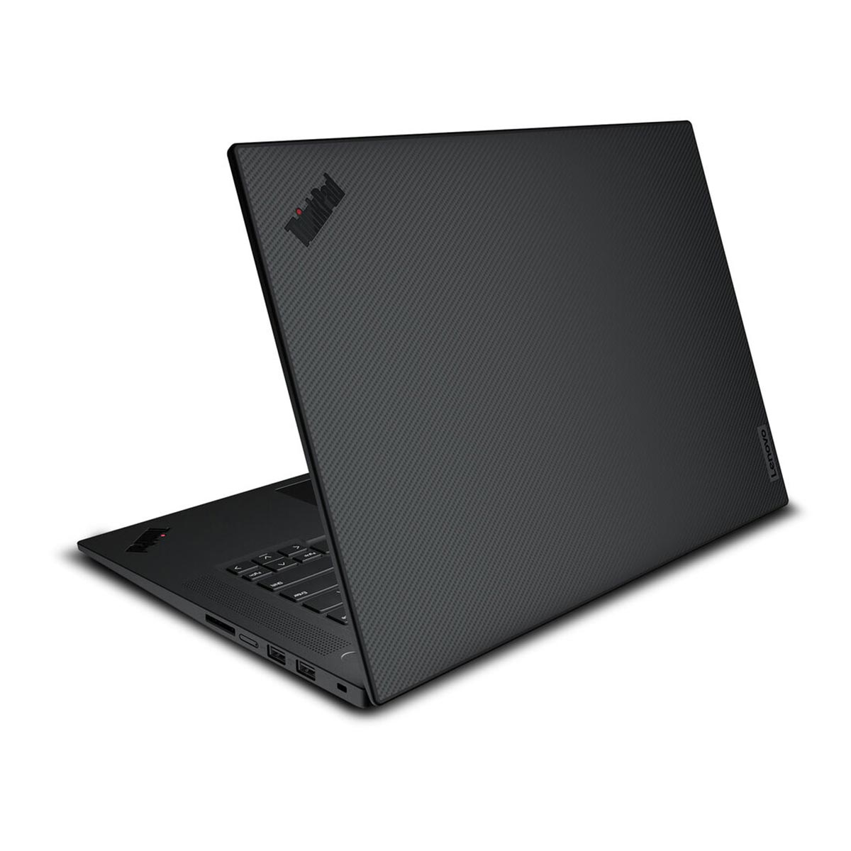 Schwarzer Laptop mit Carbonfaser-Deckel und ThinkPad-Logo, weiße Hintergrund.