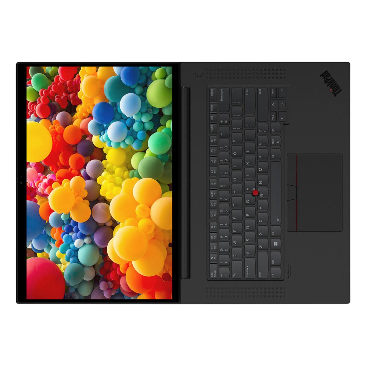 Ein offener schwarzer Laptop mit einem bunten Desktop-Hintergrund und einer Tastatur.