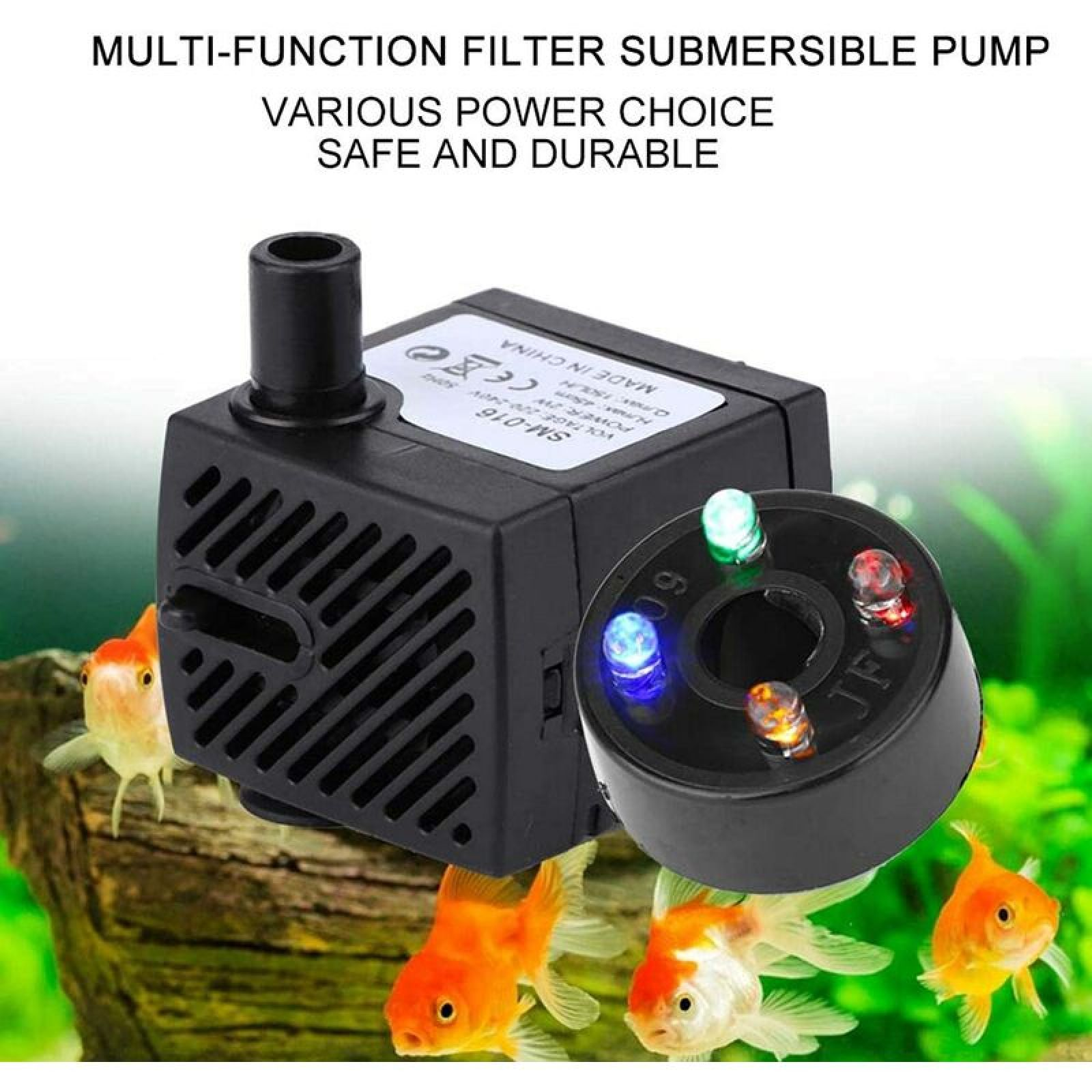 Kompakter schwarzer Filter mit LEDs, umgeben von Goldfischen in einem Aquarium.