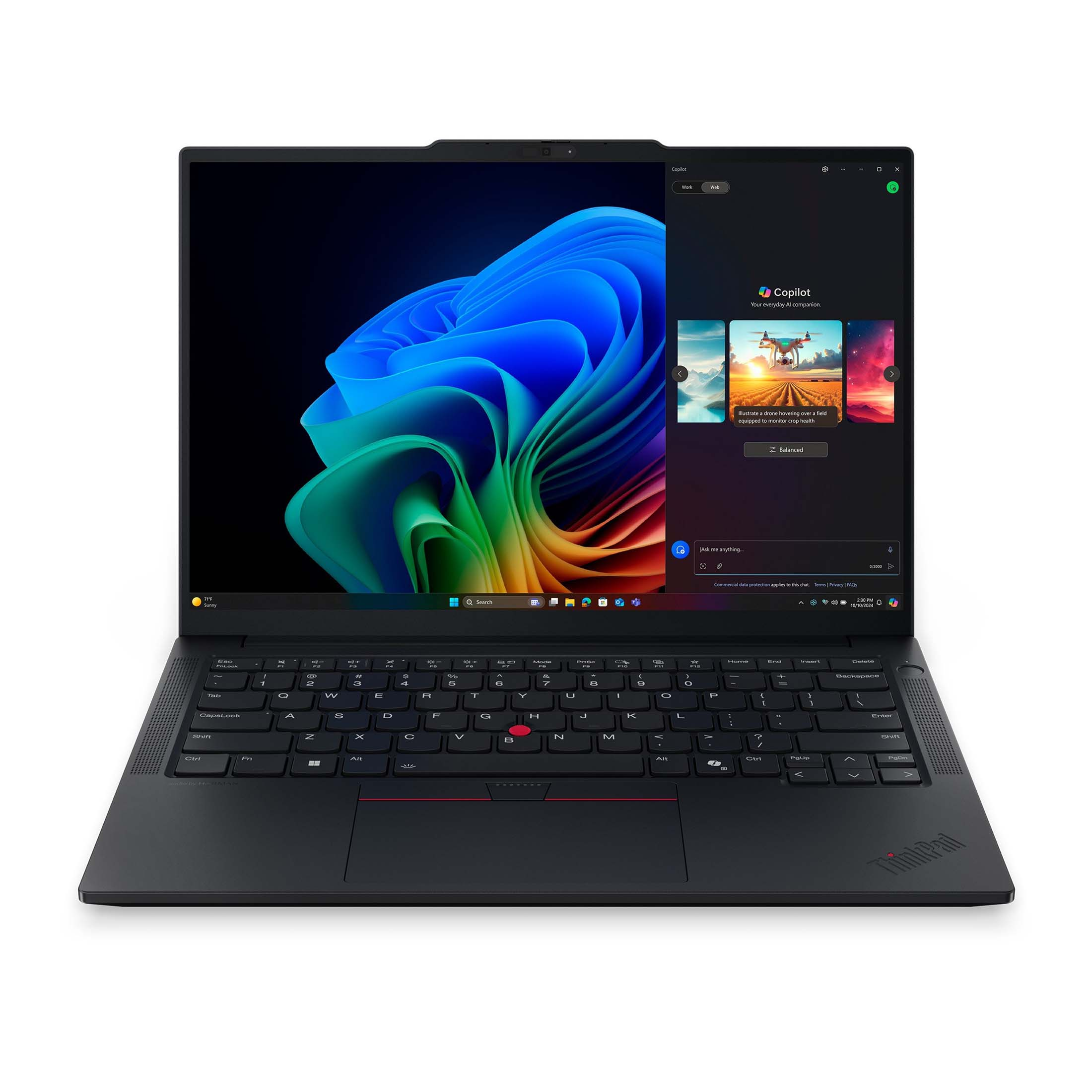 Ein schwarzer Laptop mit einem bunten Hintergrundbild und Copilot-Fenster.