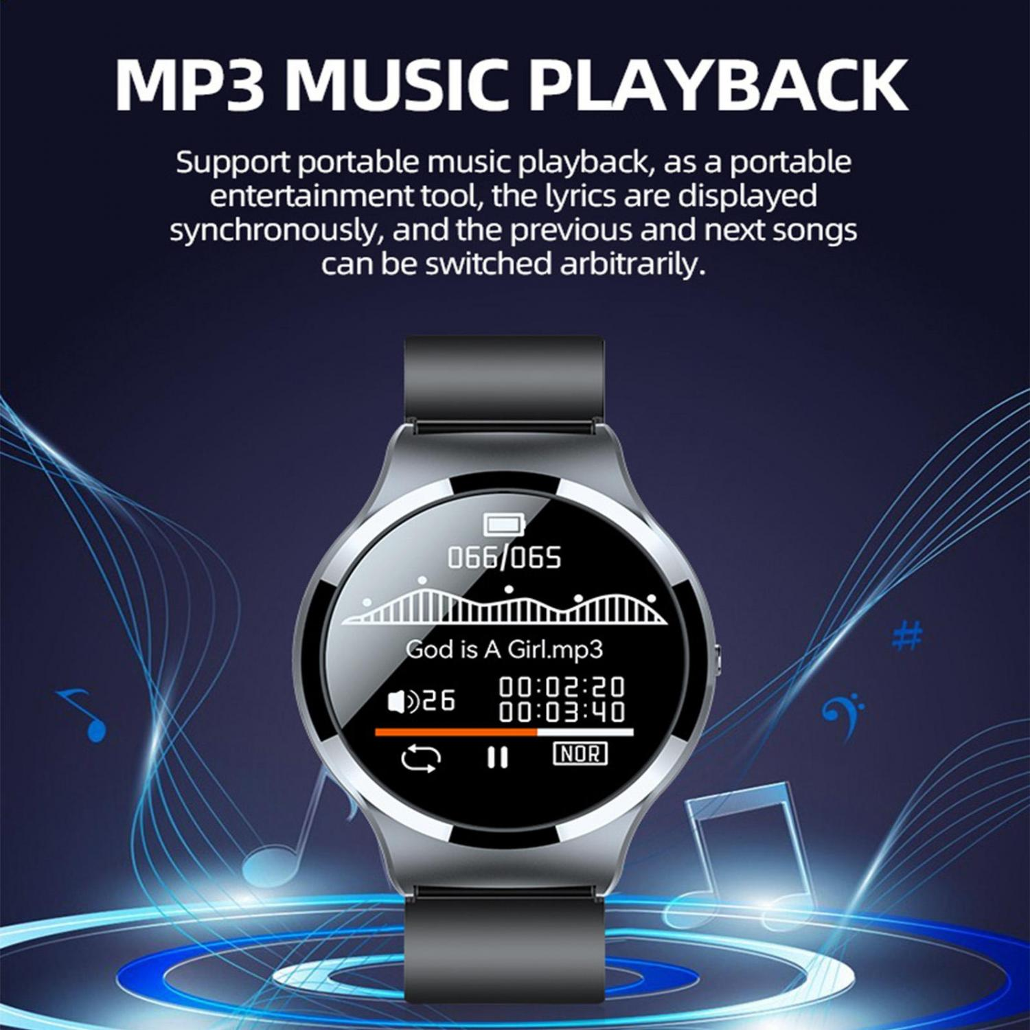 Eine Smartwatch zeigt MP3-Wiedergabe mit Songtitel und Zeit an, umgeben von Musiknoten.