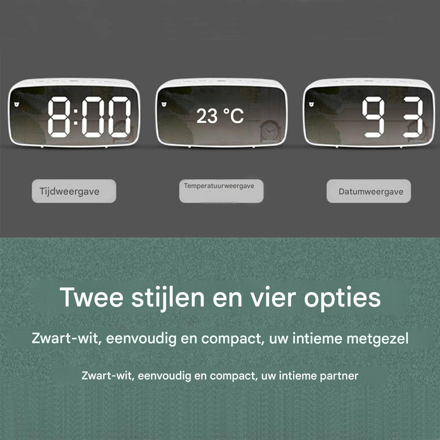 Digitaluhr mit Zeit-, Temperatur- und Datumsanzeige. Text auf Niederländisch.