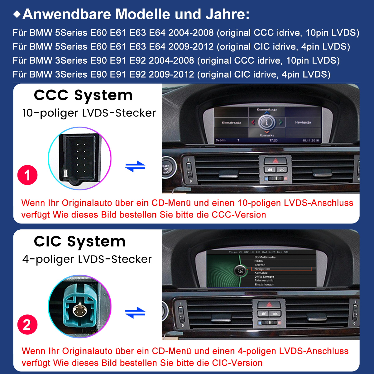 BMW CCC vs. CIC Systeme: 10-poliger Stecker (CCC) und 4-poliger Stecker (CIC).
