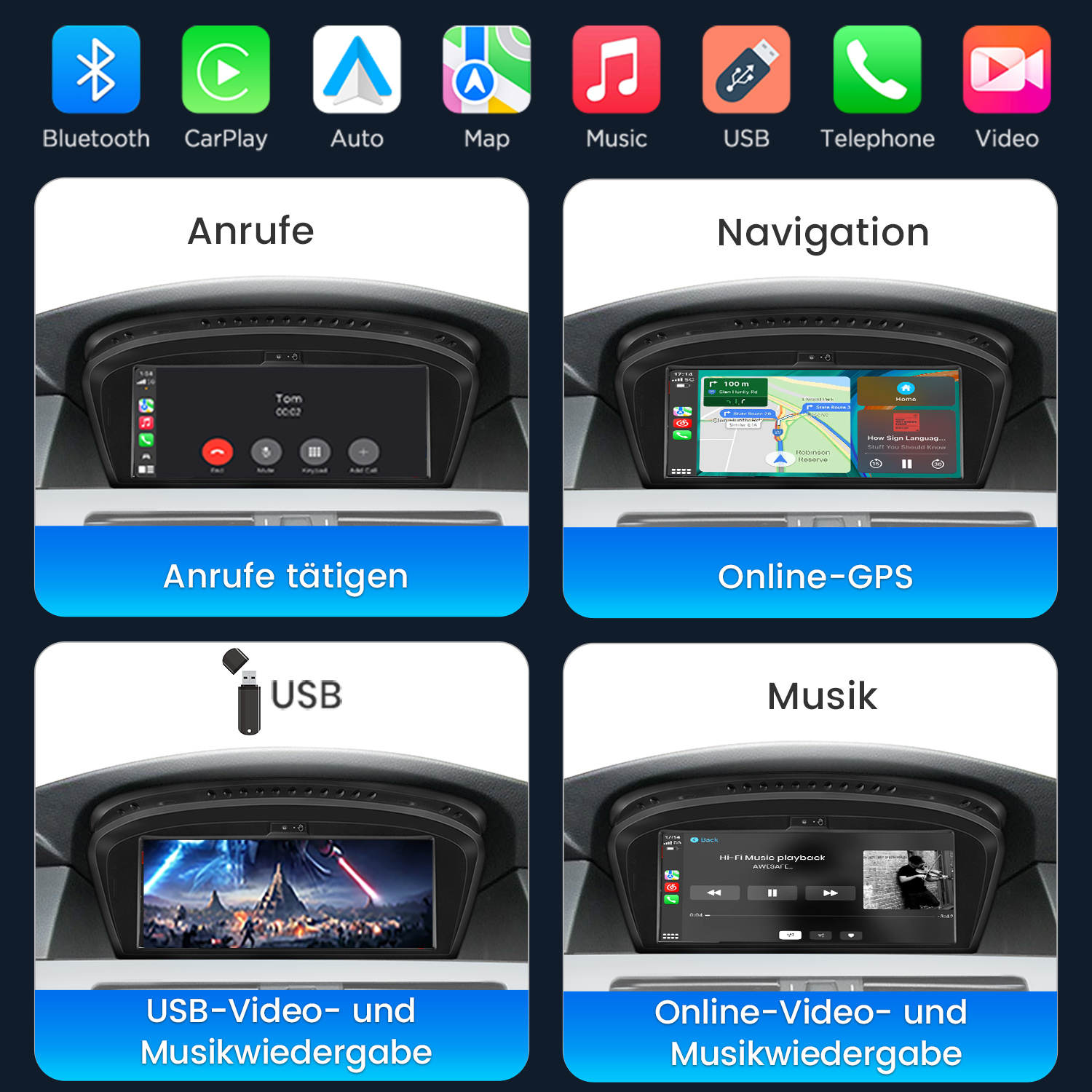 Smartphone-Integration: Anrufe, Navigation, Musik und Video.