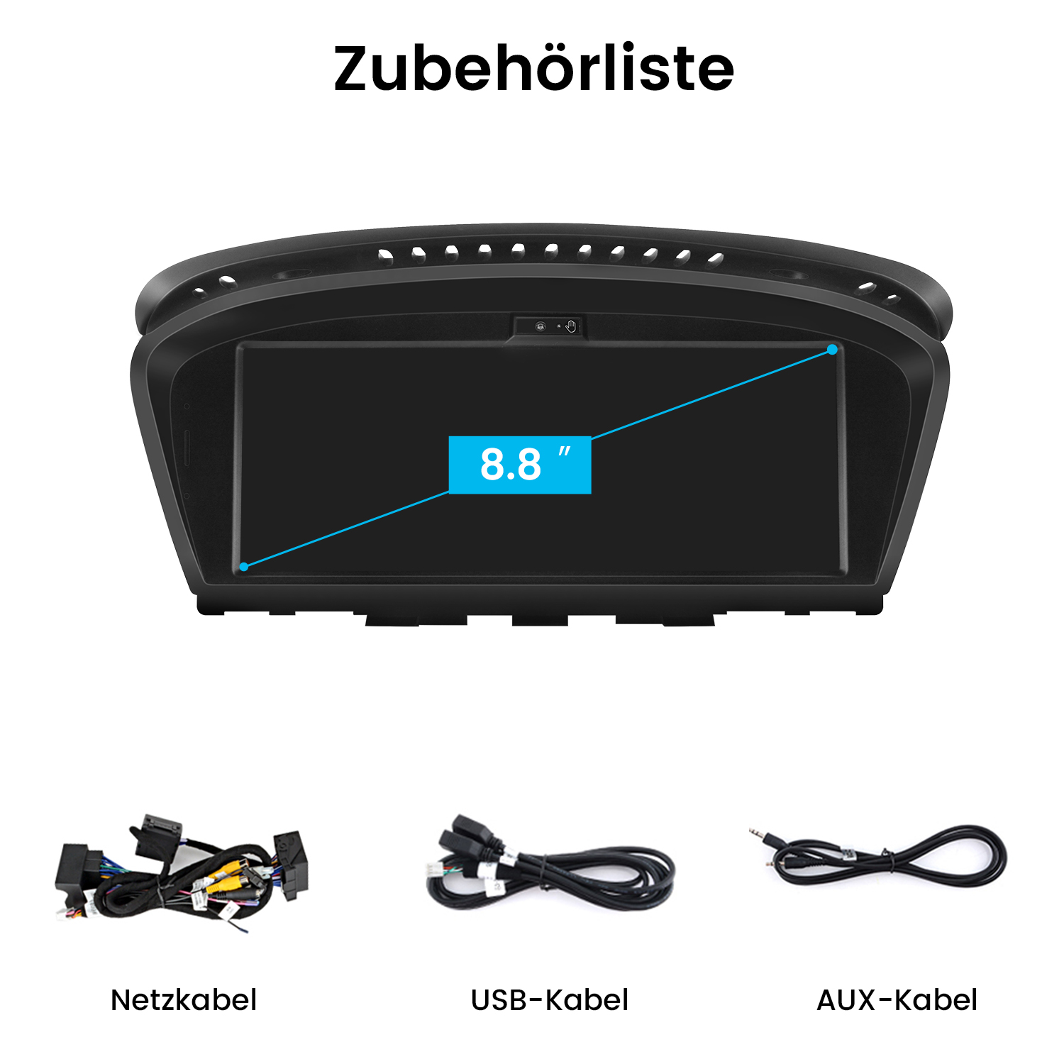Ein 8,8-Zoll-Bildschirm mit Zubehör: Netz-, USB- und AUX-Kabel.