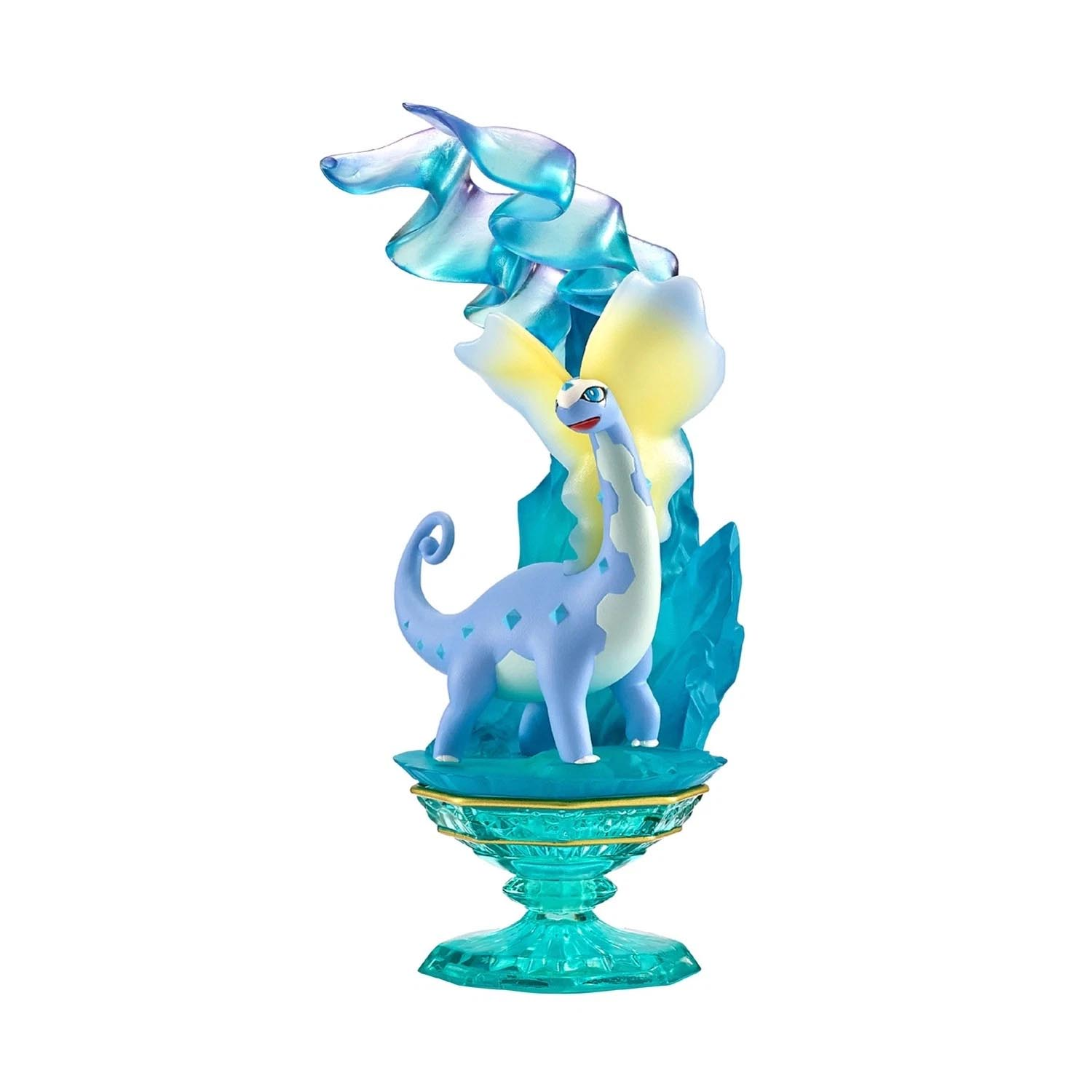 Eine lila Figur eines Dinosauriers auf einem blauen Sockel mit eisigen Elementen.