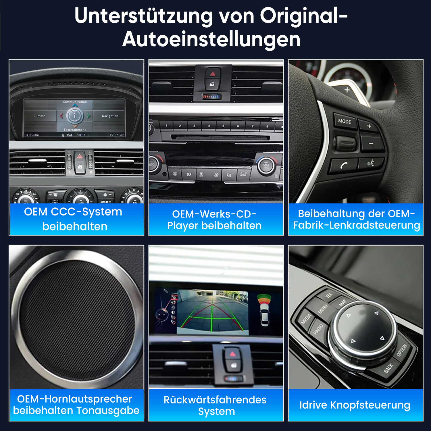 Sechs Bilder zeigen Auto-Infotainment-Systeme: CCC, CD-Player, Lenkrad, Lautsprecher, Kamera, iDrive.