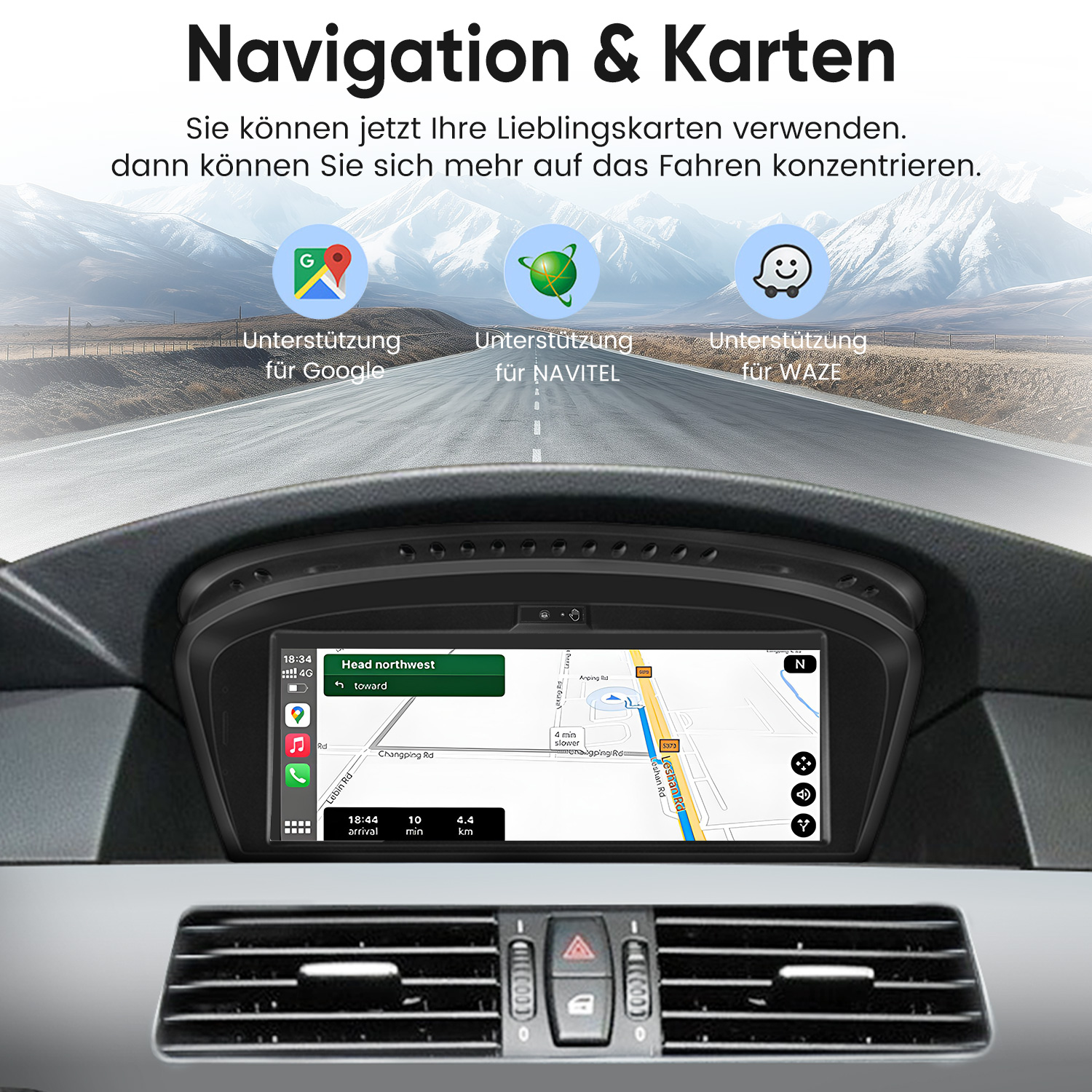 Armaturenbrett mit Navigationsbildschirm, der Karten und Apps anzeigt.