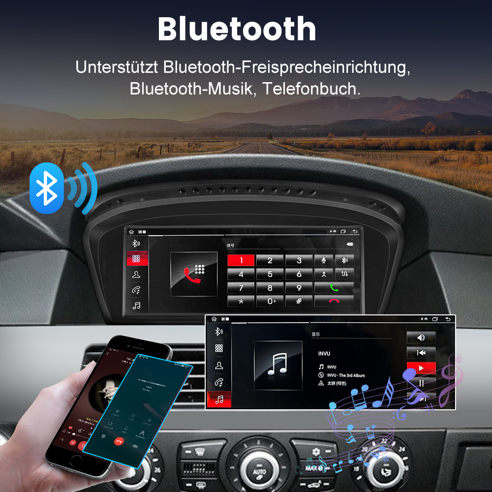 Auto-Infotainment mit Bluetooth-Anzeige: Telefon, Musik, Navigationskarte.