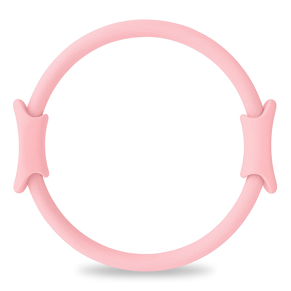 Un anello pilates rosa con texture a coste e due impugnature, su sfondo bianco.