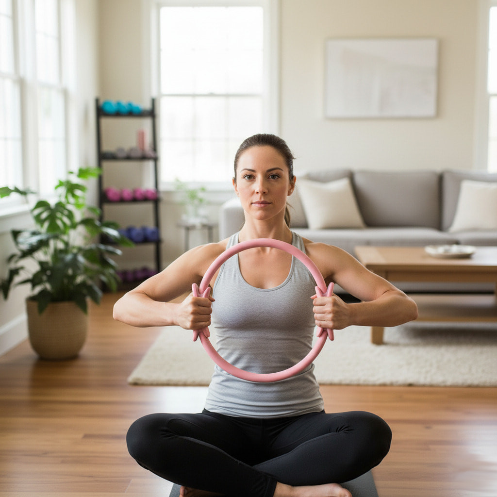 Donna fa Pilates con anello rosa in salotto.