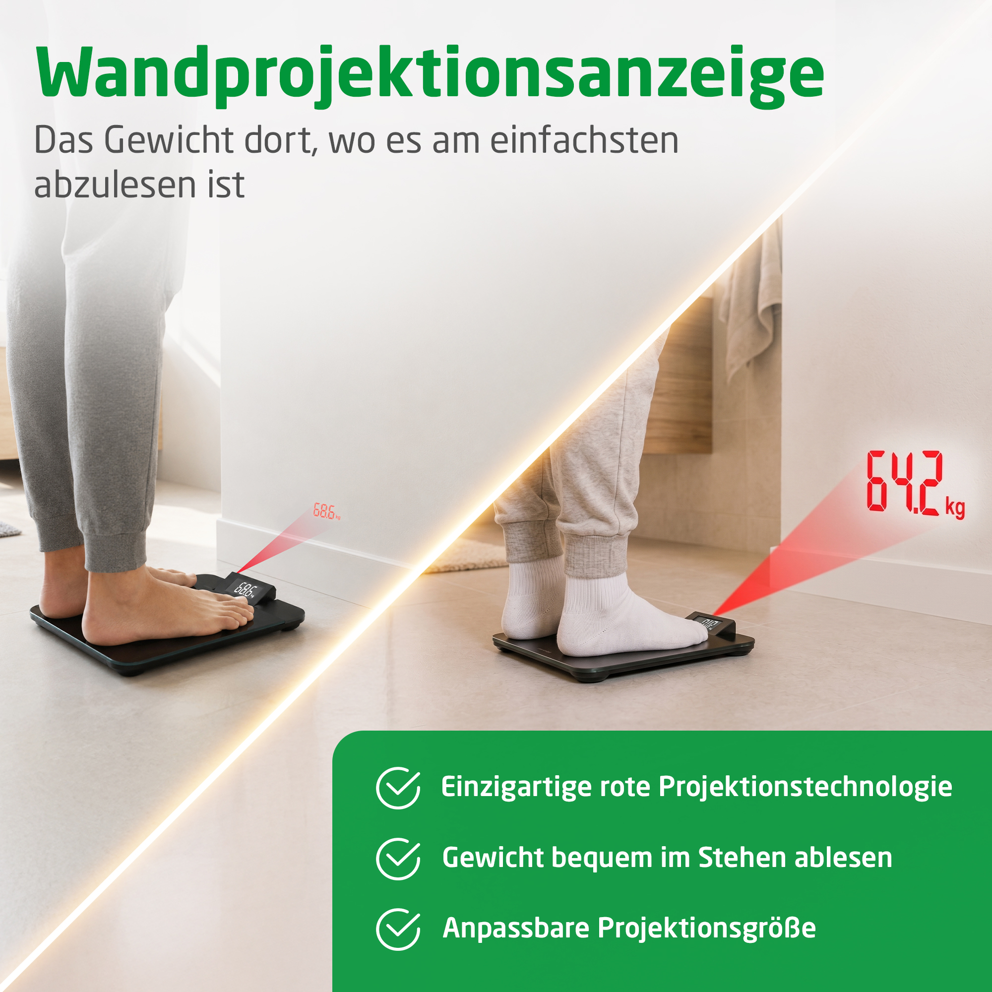Personen wiegen sich auf einer digitalen Waage, die das Gewicht an die Wand projiziert.