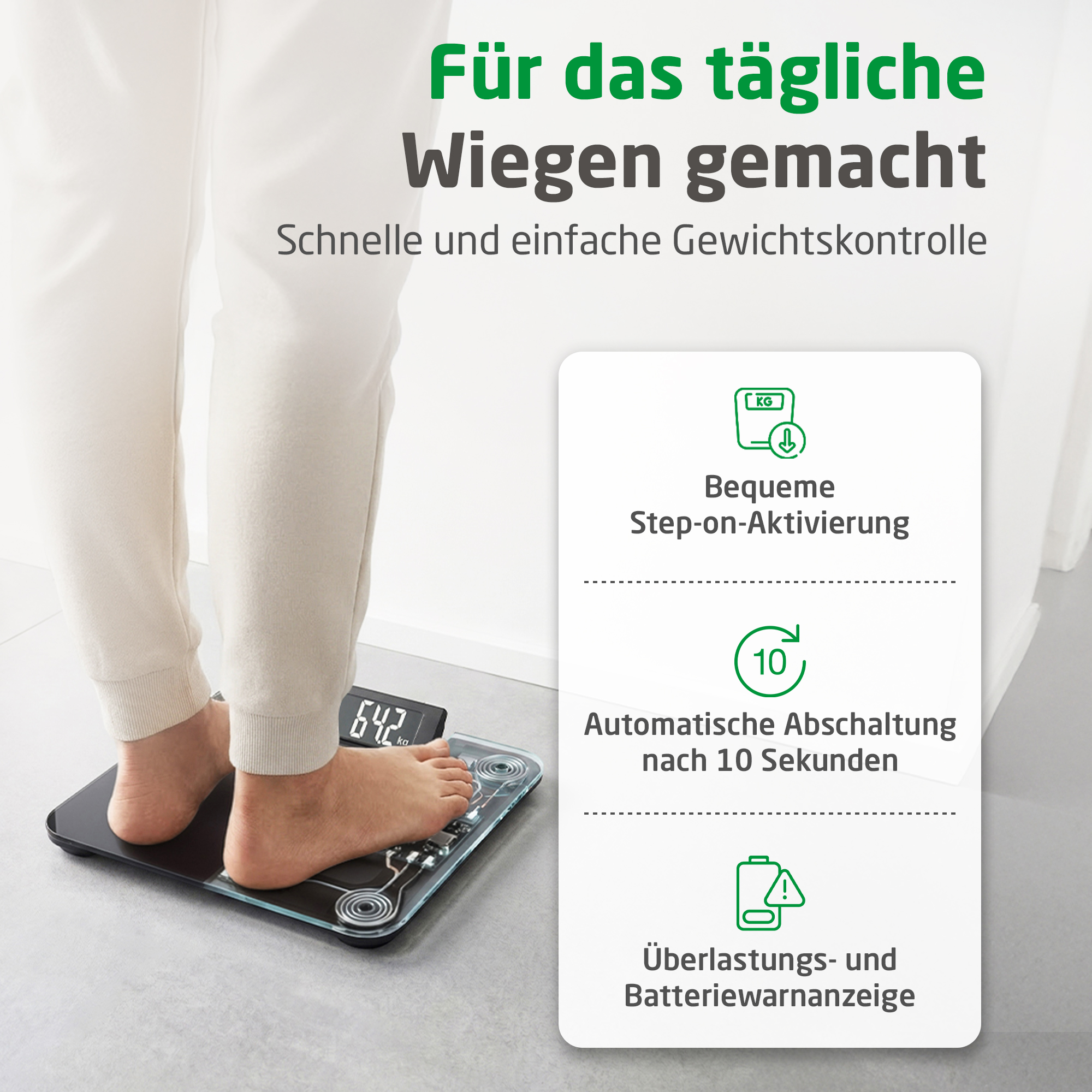 Person steht auf Personenwaage, zeigt 64.2 kg an. Funktionen: Step-on, Abschaltung, Warnanzeige.