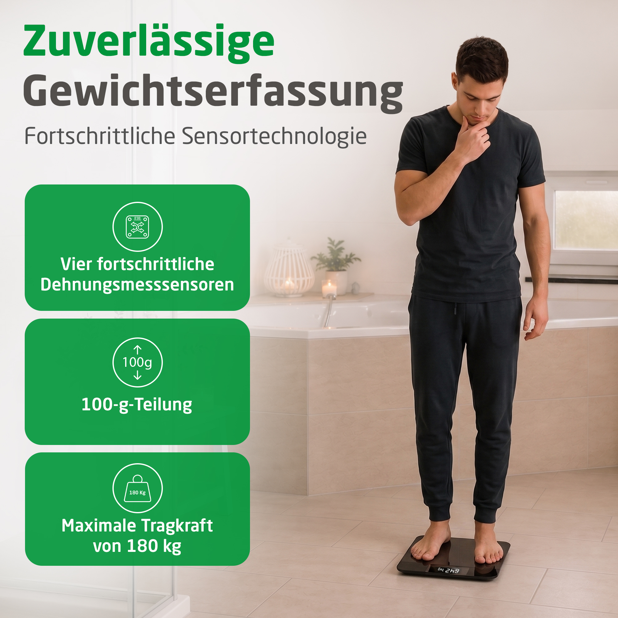 Ein Mann steht auf einer schwarzen Waage. Links sind grüne Infoboxen.