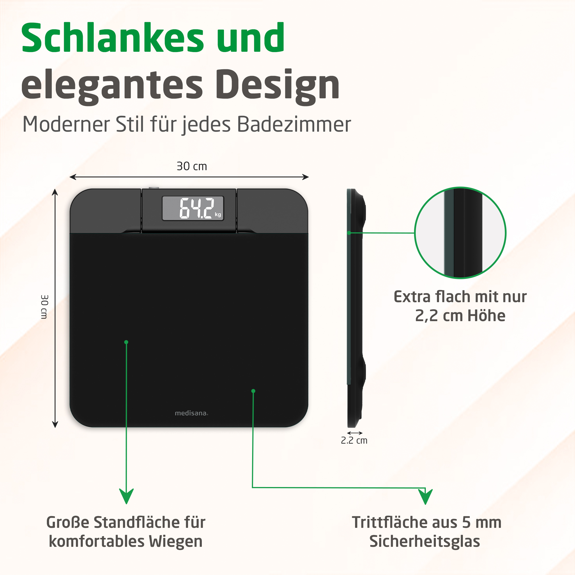 Schwarze Personenwaage, 30x30 cm, 64.2 kg Anzeige, 2.2 cm hoch.