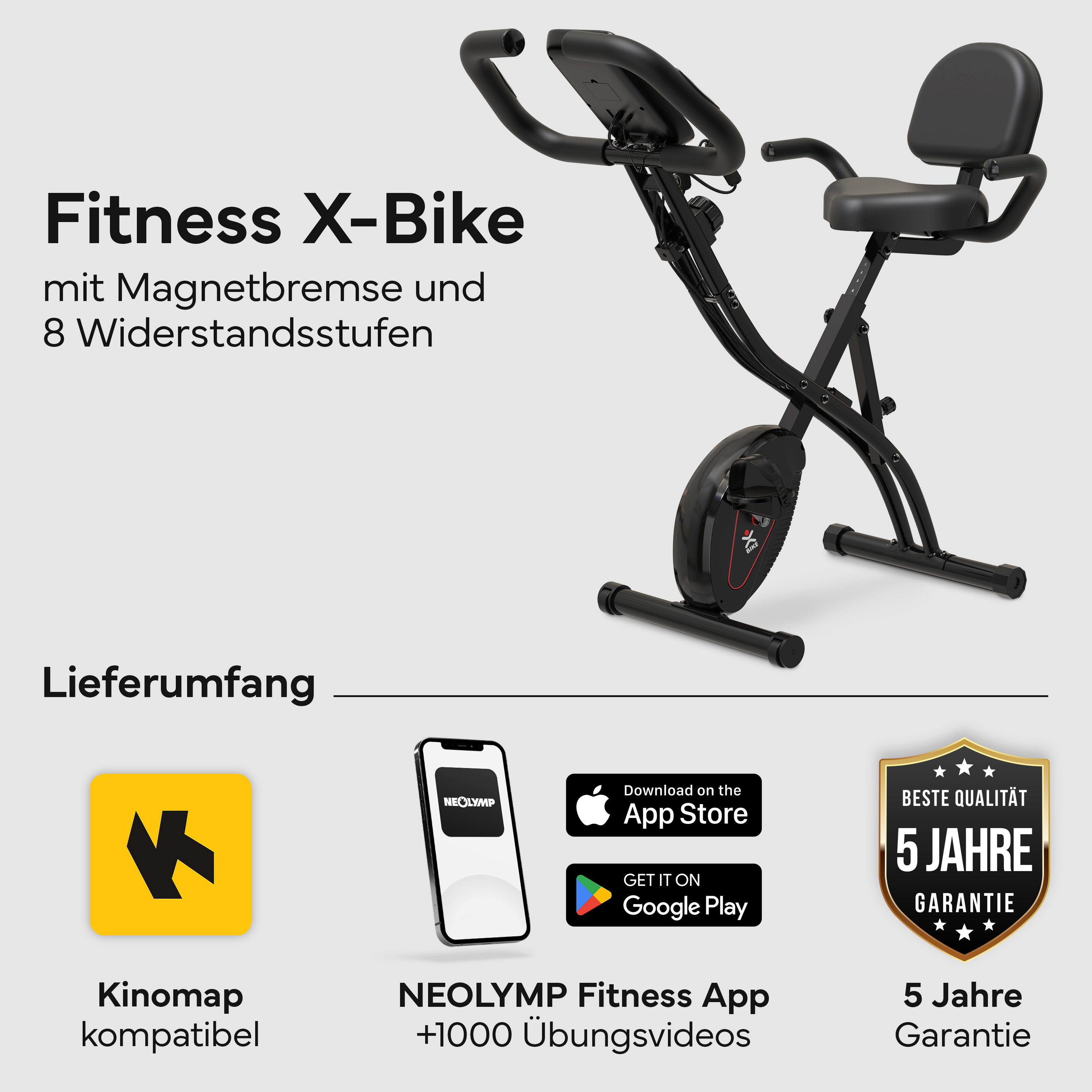 Schwarzes Fitness X-Bike mit Sitz, Lenker und App-Infos.