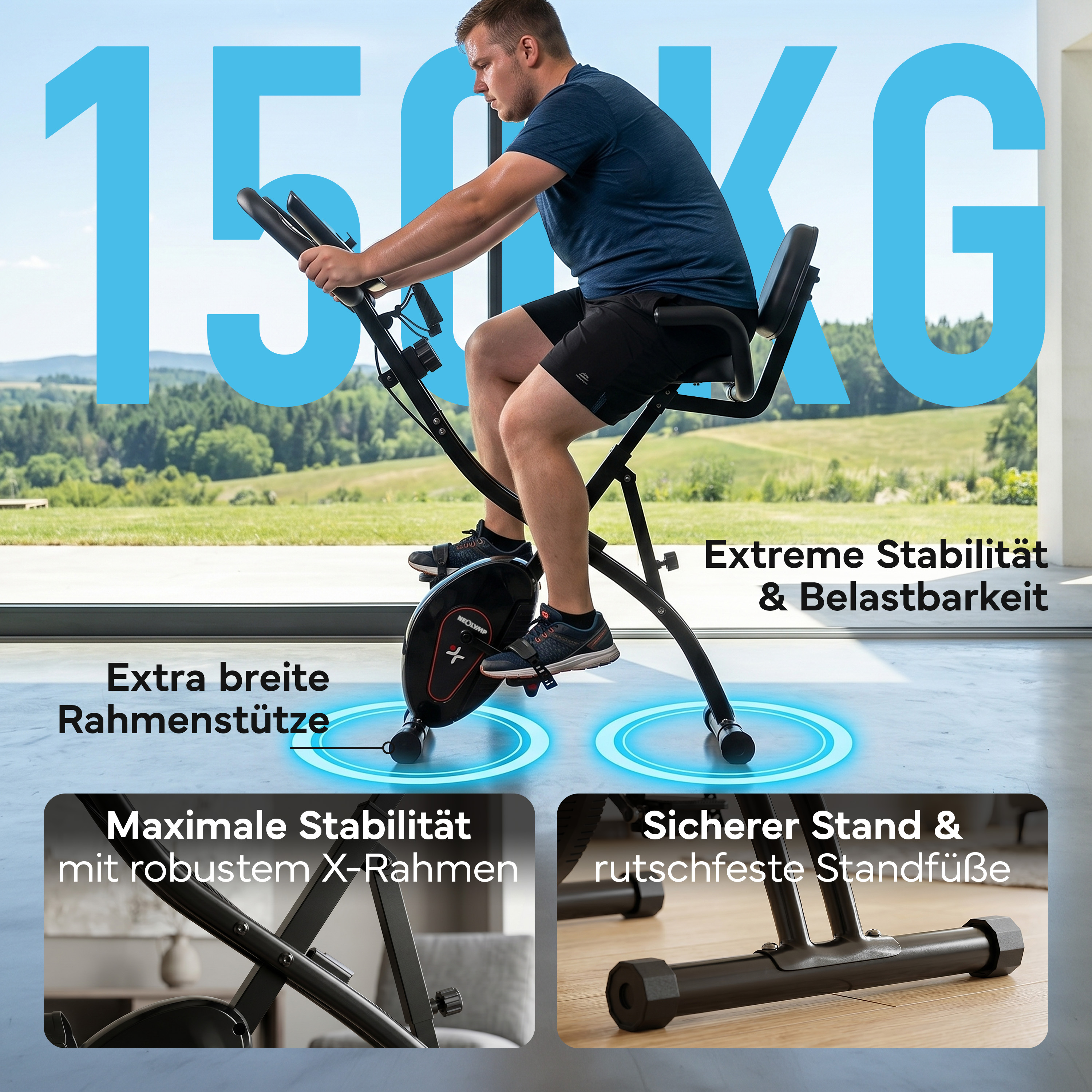 Mann auf Heimtrainer mit 150 kg Maximalbelastung. Merkmale: breiter Rahmen, X-Rahmen, rutschfeste Füße.