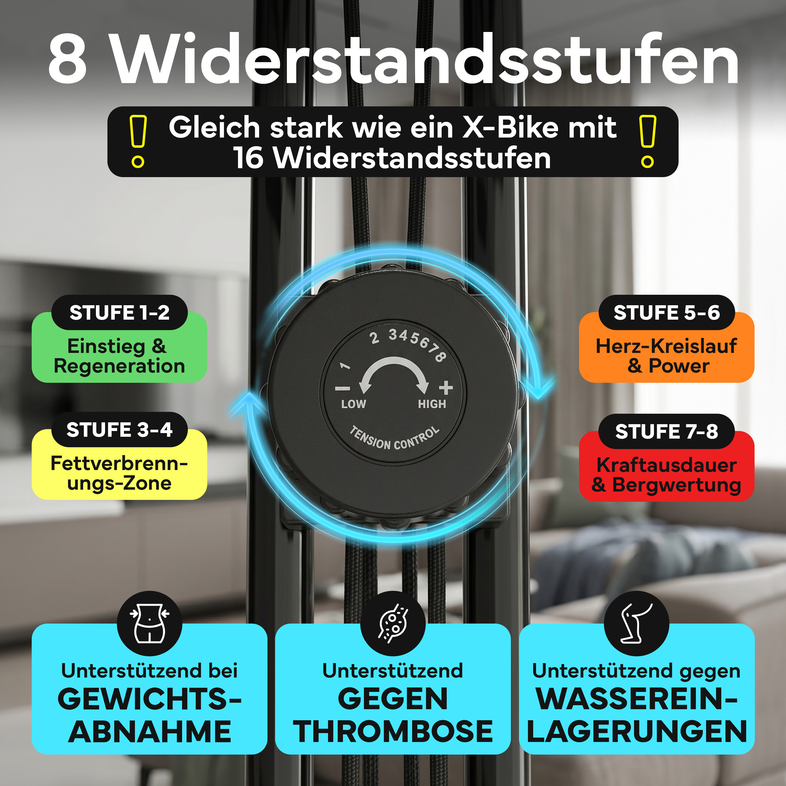 8 Widerstandsstufen mit Tension Control Rad, Trainingszonen und Gesundheitsvorteilen.