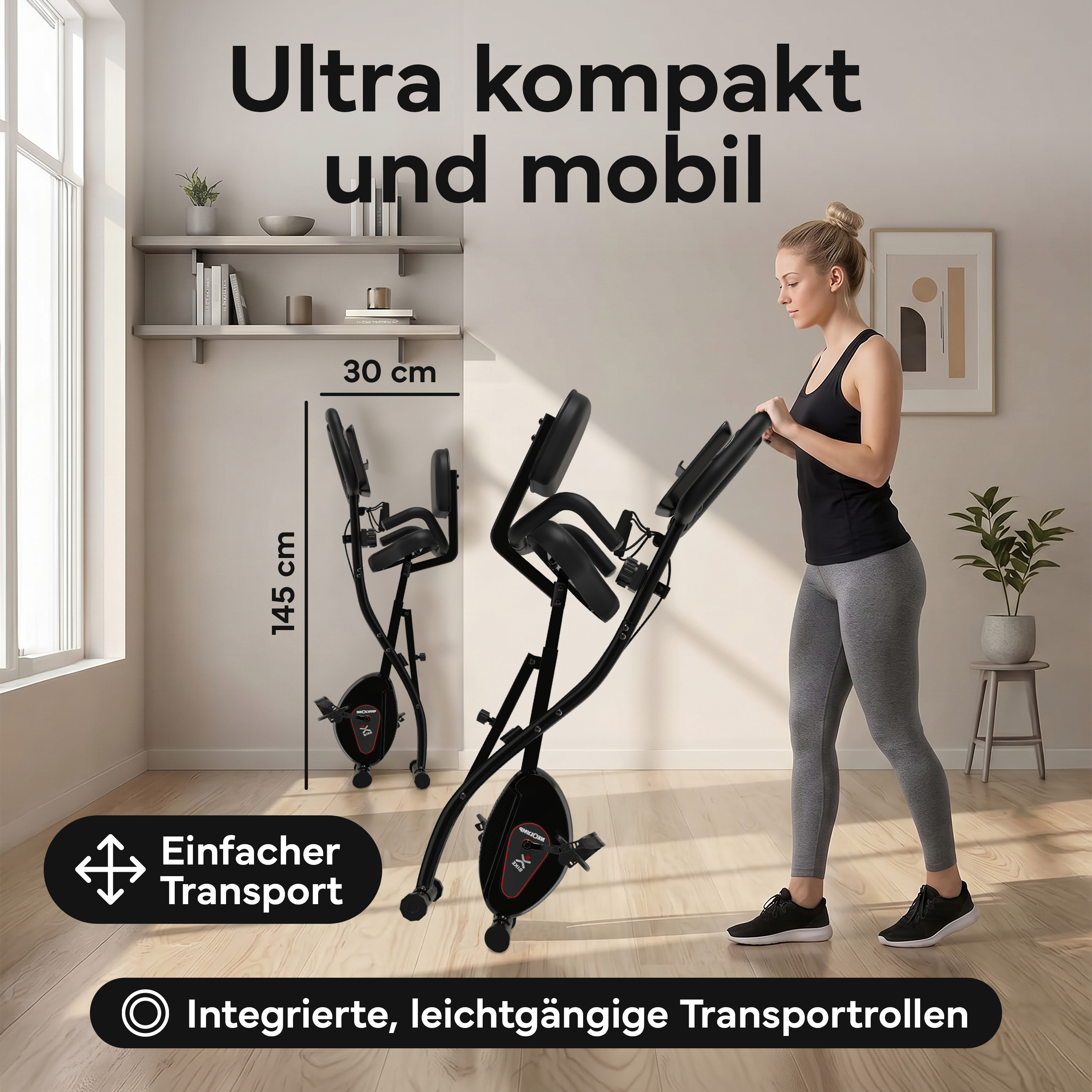 Frau steht neben zusammenklappbarem Heimtrainer. Maße 145x30cm.