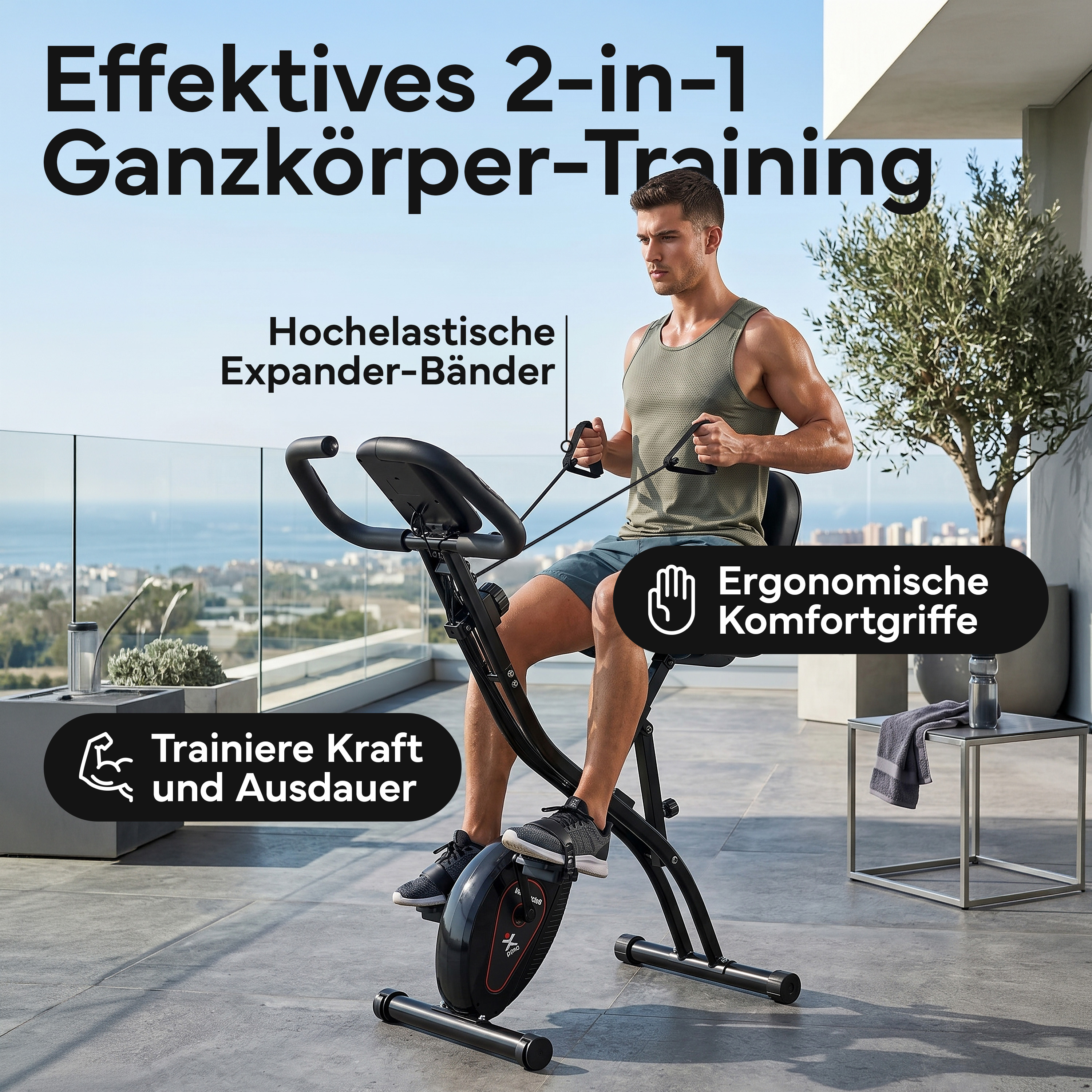 Ein Mann trainiert mit einem Heimtrainer und Expanderbändern auf einer Terrasse.