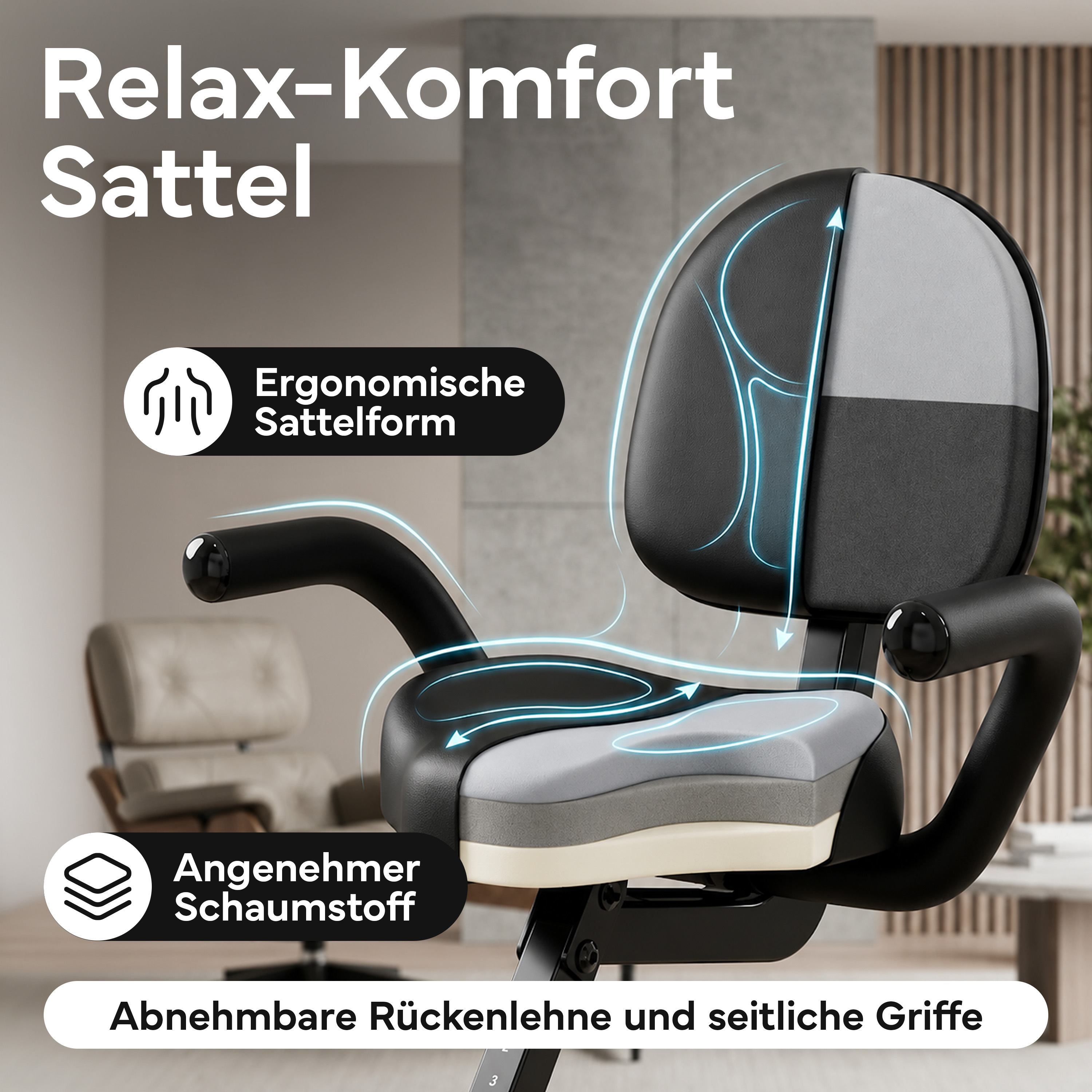 Ergonomischer Sattel mit abnehmbarer Rückenlehne und Griffen für Komfort.
