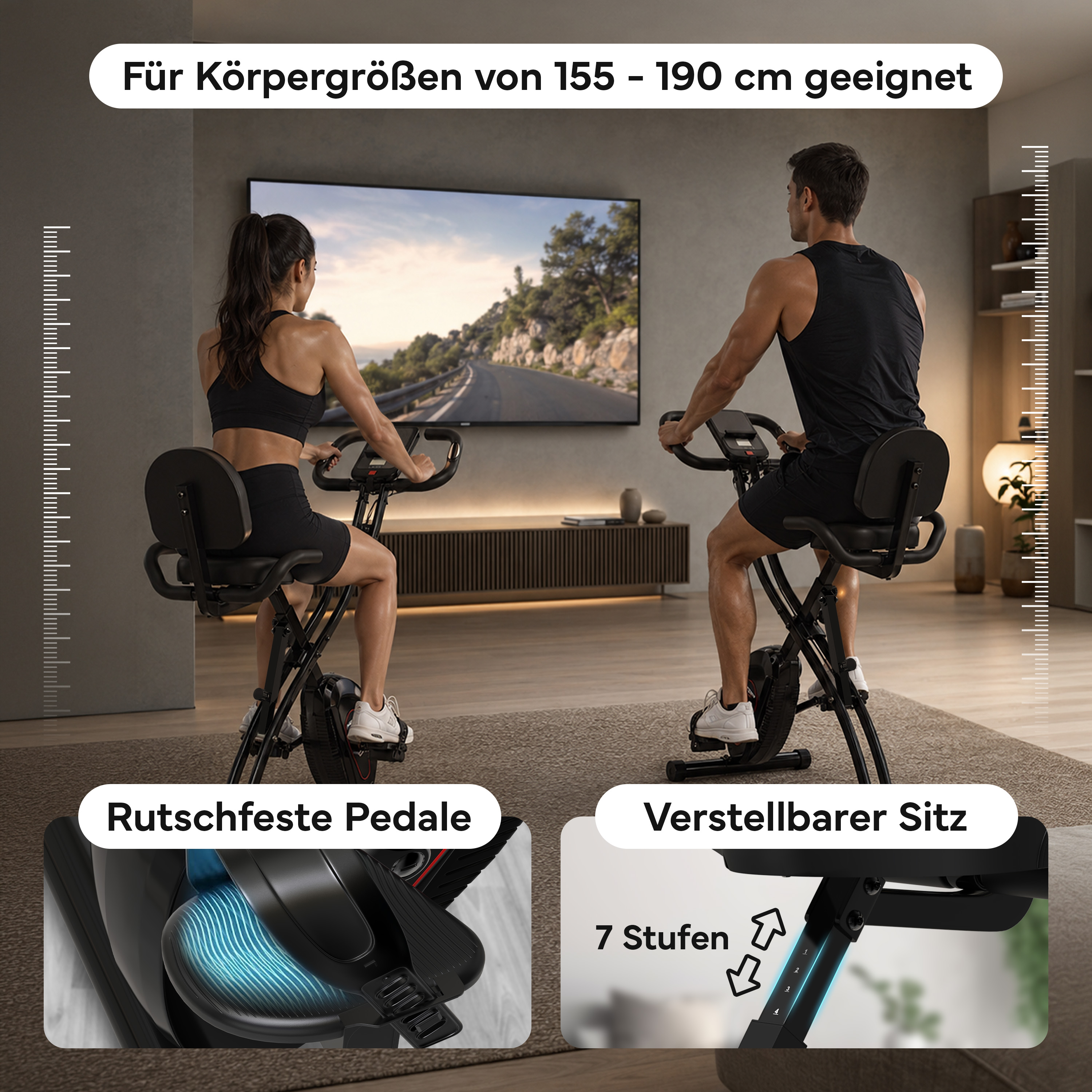 Frau und Mann auf Heimtrainern vor TV. Geeignet für 155-190cm Körpergröße.