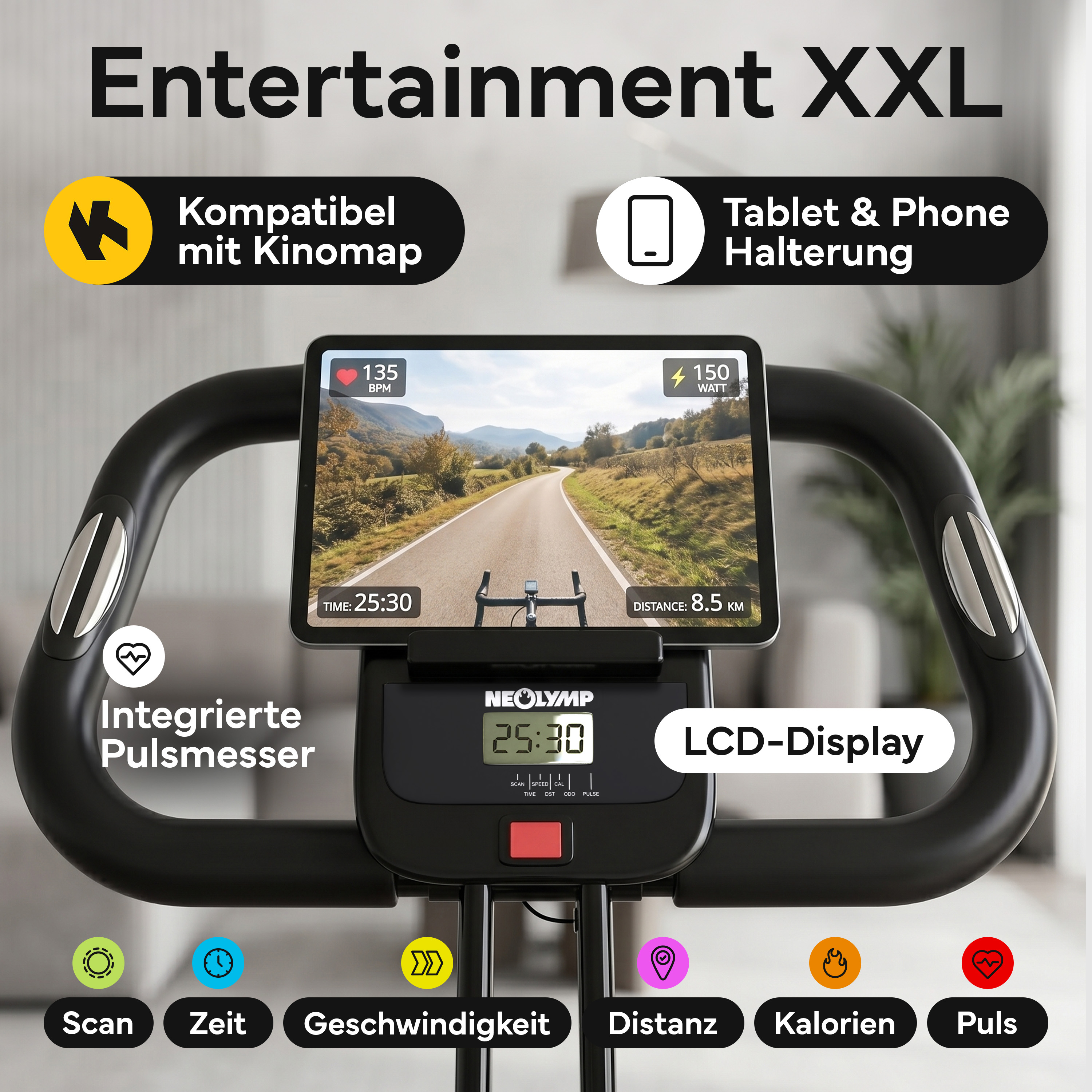 Ein Indoor-Fahrrad mit einem Tablet, das eine bergige Straße anzeigt.