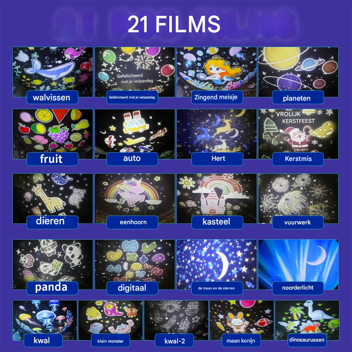 Collage von 21 Filmprojektionen mit Motiven wie Walen, Planeten, Früchten, Tieren und mehr.