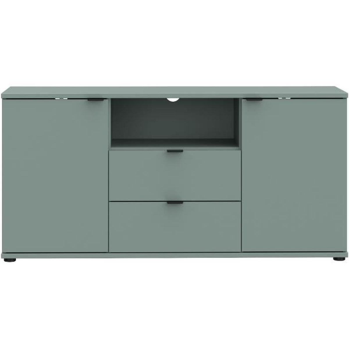 Graues Sideboard mit zwei Türen, zwei Schubladen und einem offenen Fach.