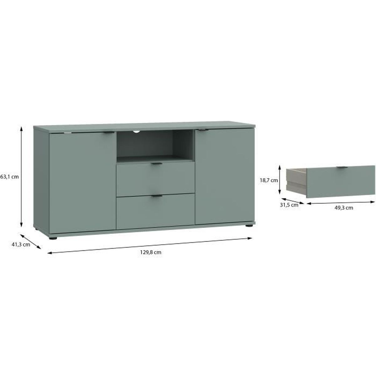 Ein grauer Sideboard mit Türen und Schubladen, Maße sind angegeben.