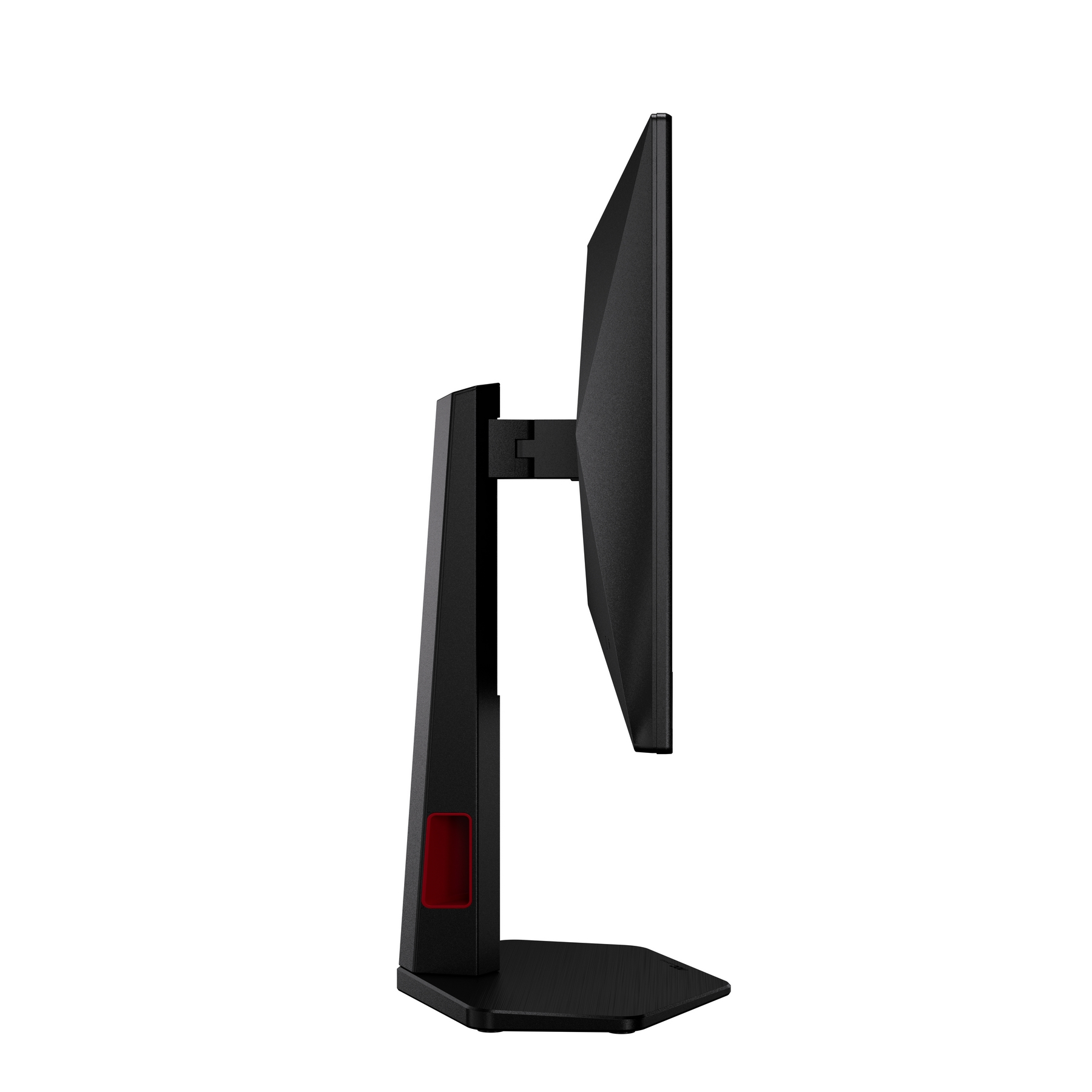 Monitor per computer nero visto di profilo su sfondo bianco.