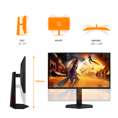 Monitor con opzioni di regolazione: Inclinazione, Perno, Rotazione. Scena di gioco visualizzata.