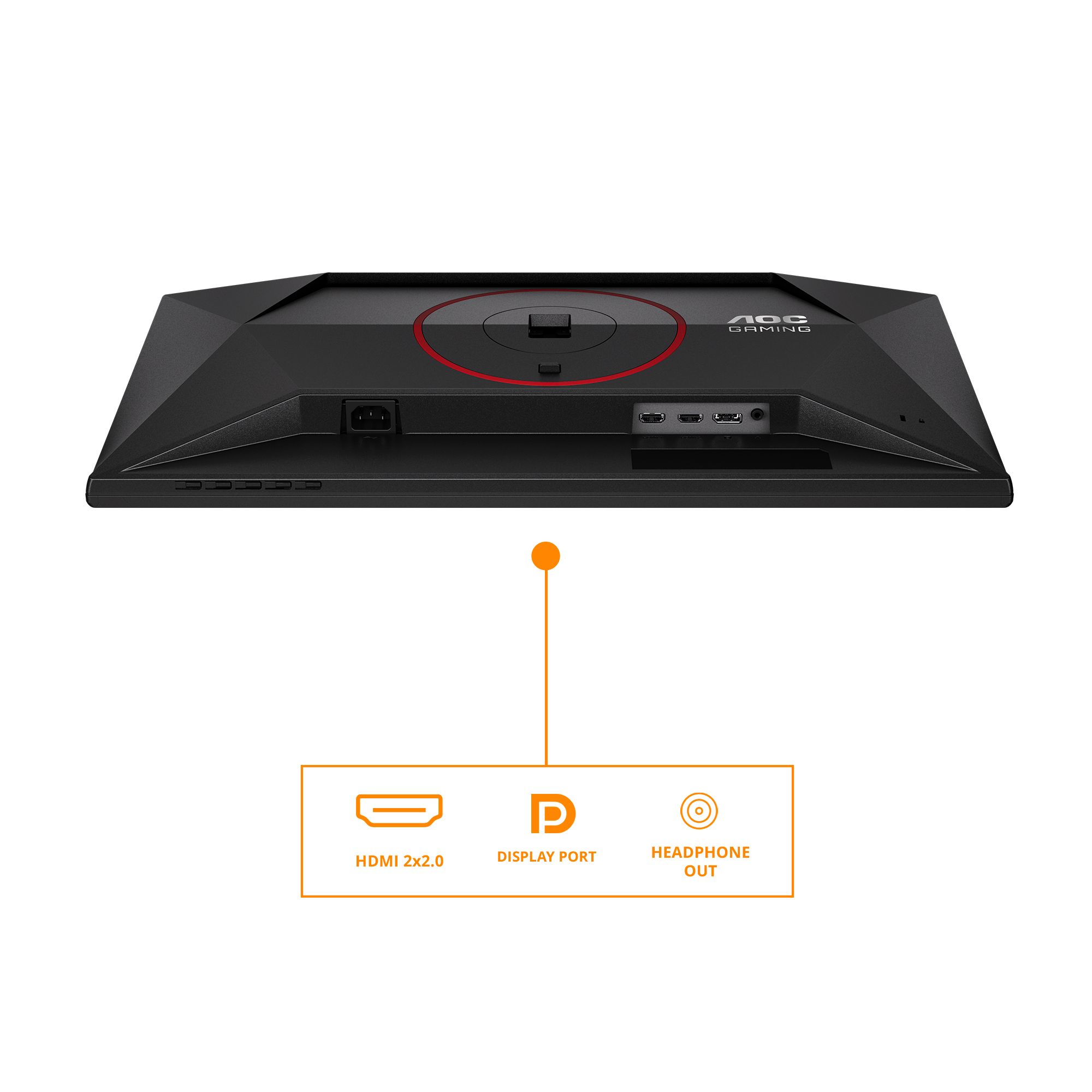 Retro di un monitor AOC Gaming nero con porte e icone.