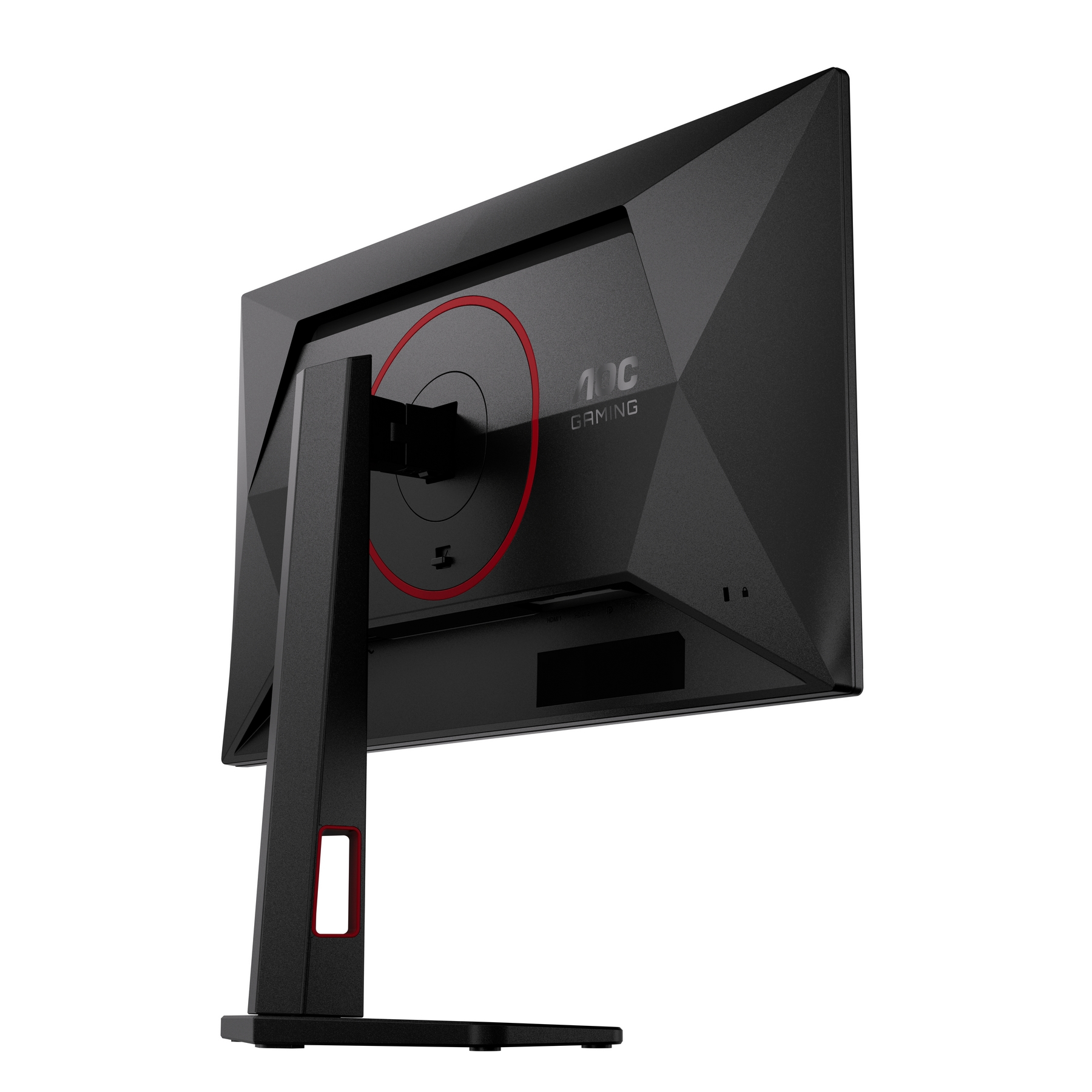 Vista posteriore di un monitor AOC Gaming nero con dettaglio ad anello rosso sul supporto.