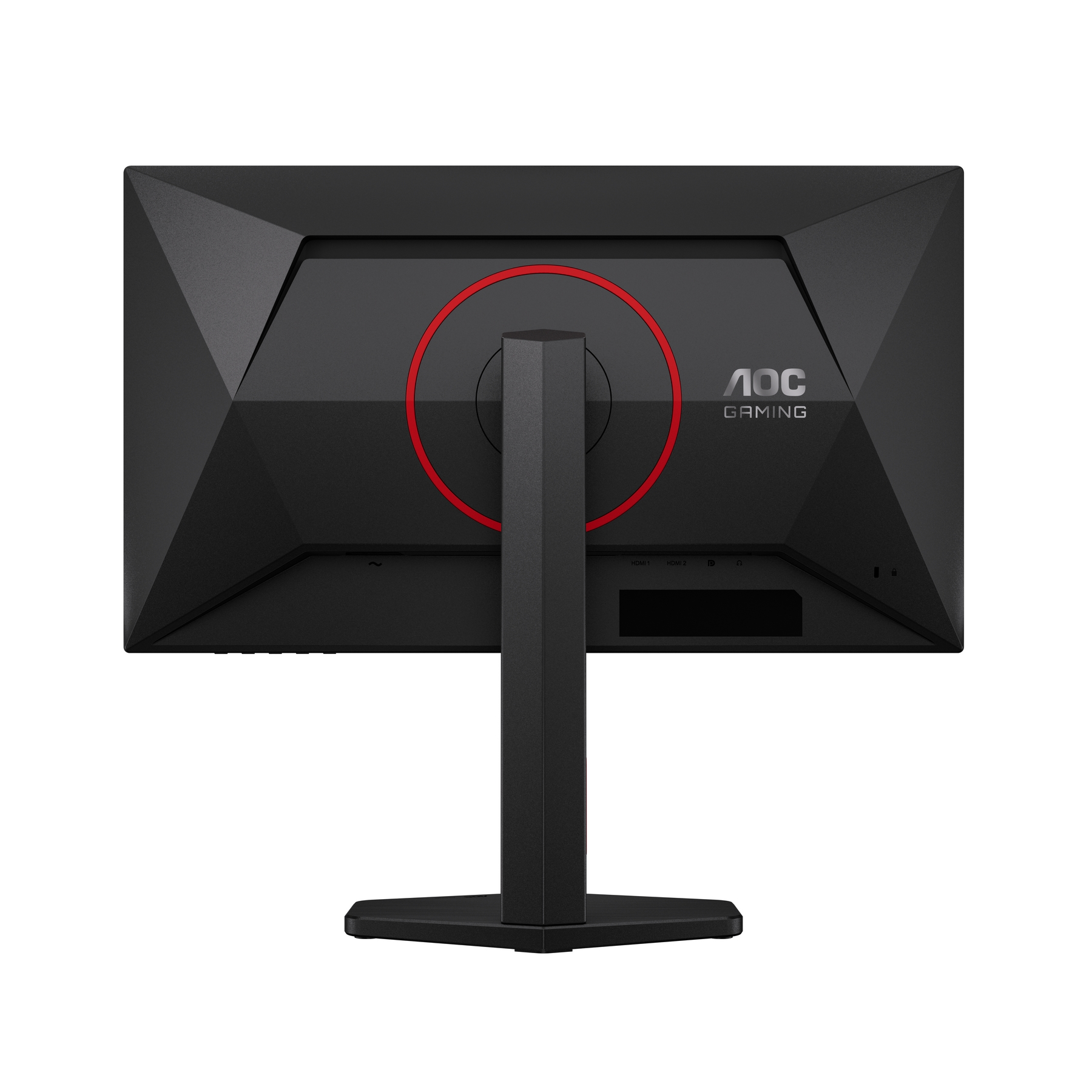 Retro di un monitor nero con anello rosso e logo AOC Gaming.