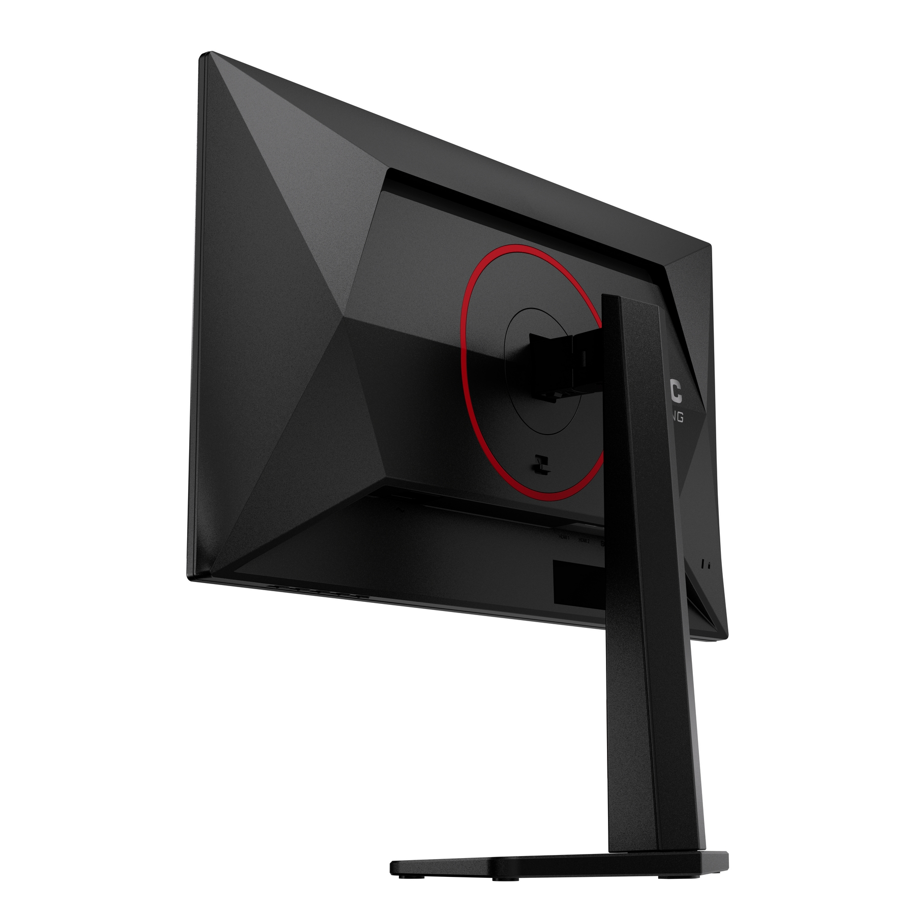 Vista posteriore di un monitor nero con dettaglio circolare rosso e supporto.