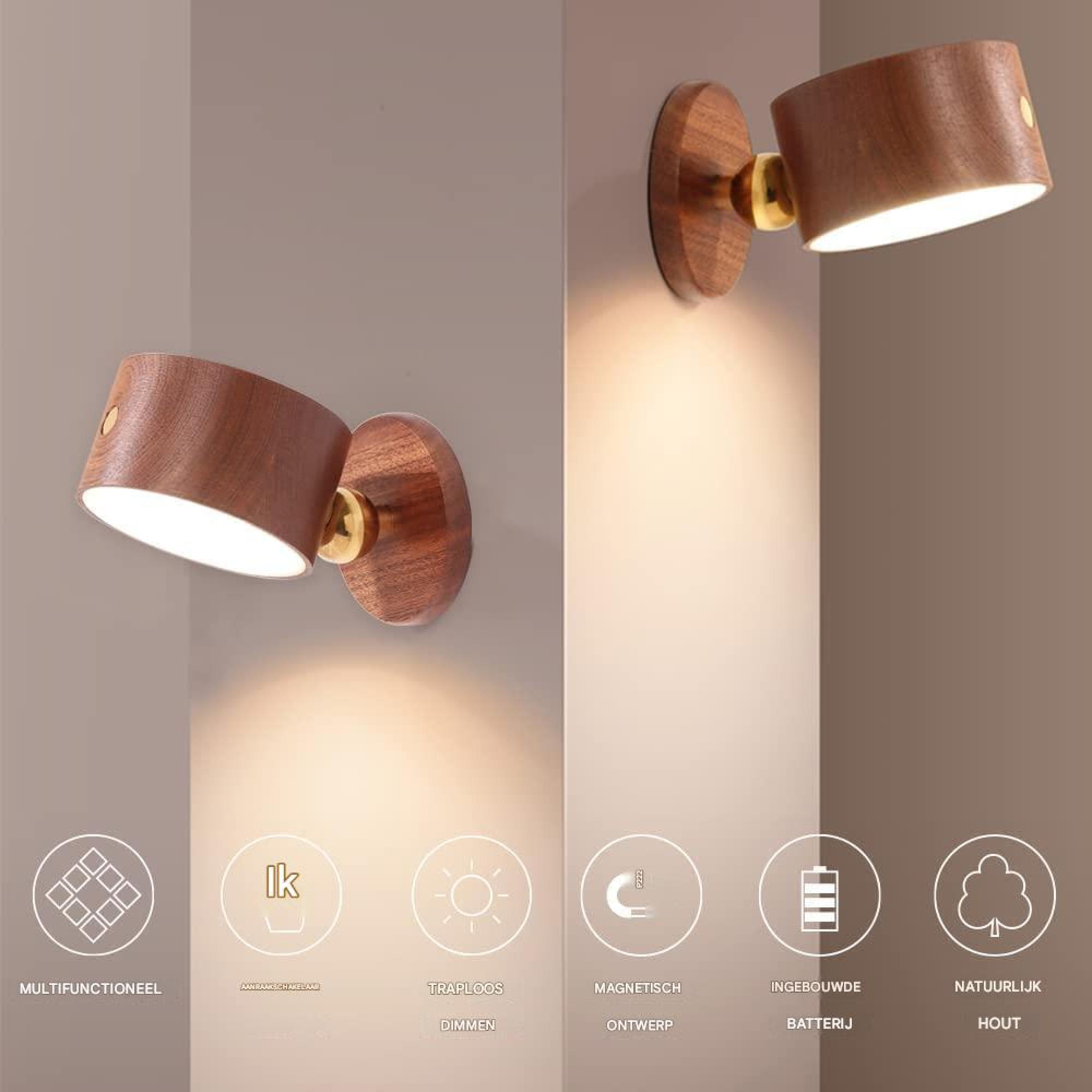 Zwei Holzlampen an einer Wand mit Symbolen für Funktionen wie dimmbar und Holz.