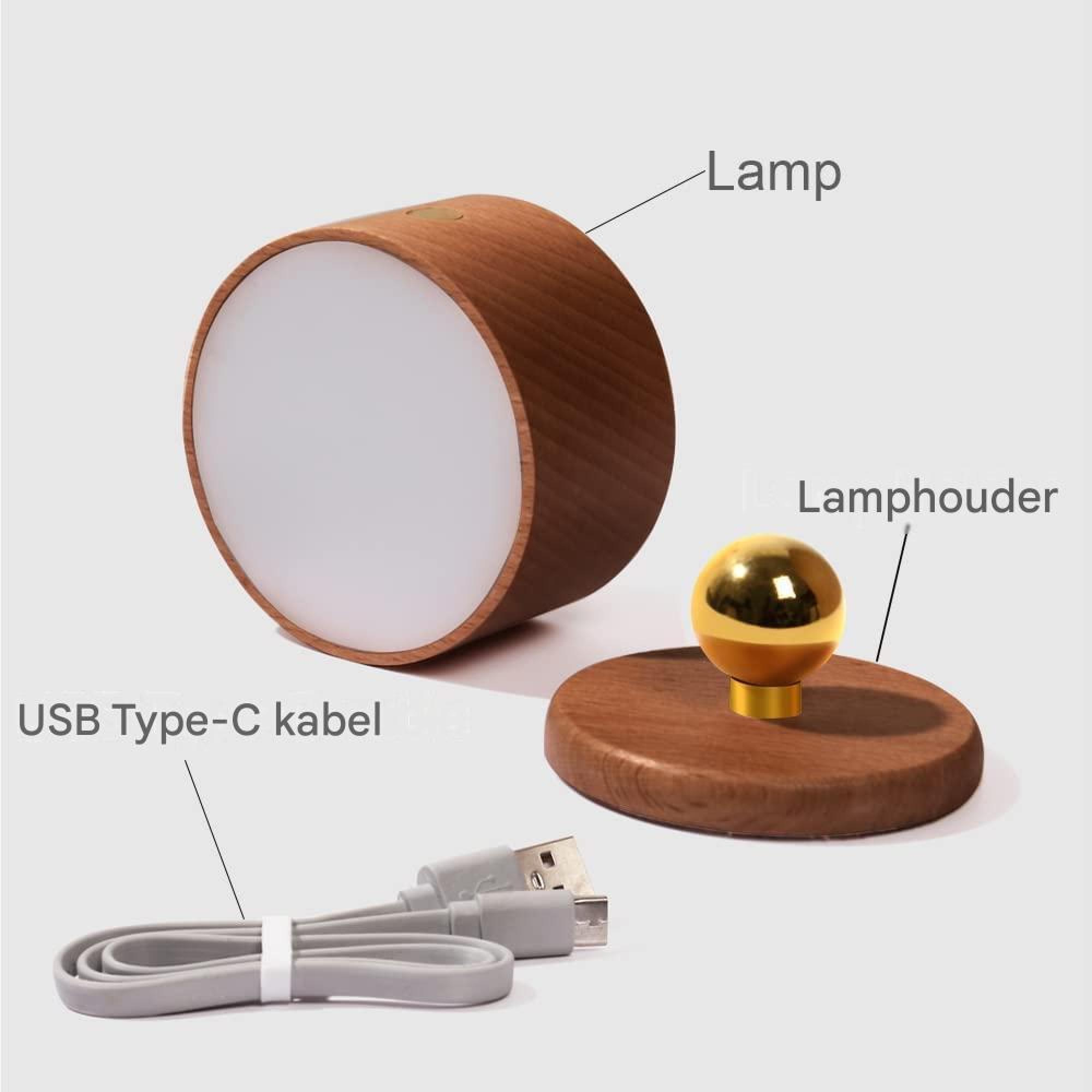 Ein runder Holzlampenkörper mit weißem Diffusor, ein Holzlampenfuß mit goldener Kugel und ein USB-C-Kabel.