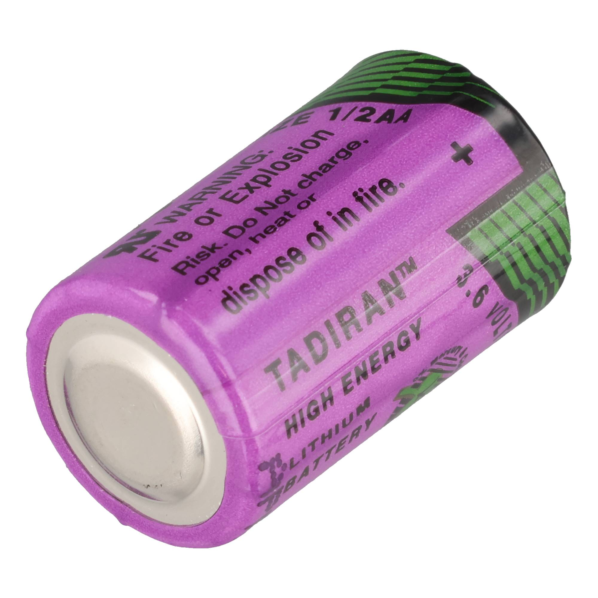 Lila 1/2 AA Lithium-Batterie mit schwarzer und grüner Beschriftung.