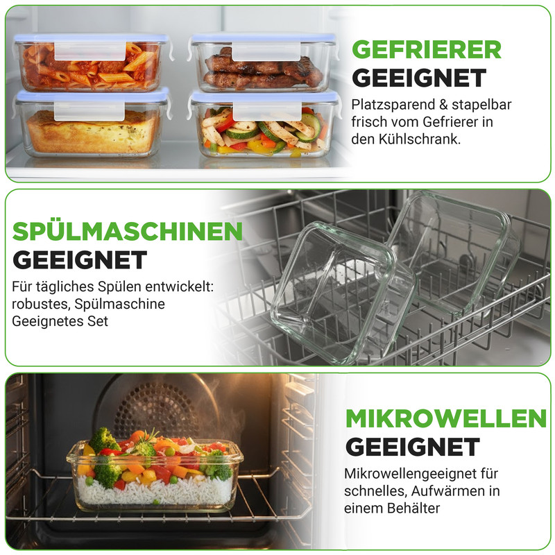Glasbehälter sind gefrier-, spülmaschinen- und mikrowellengeeignet.