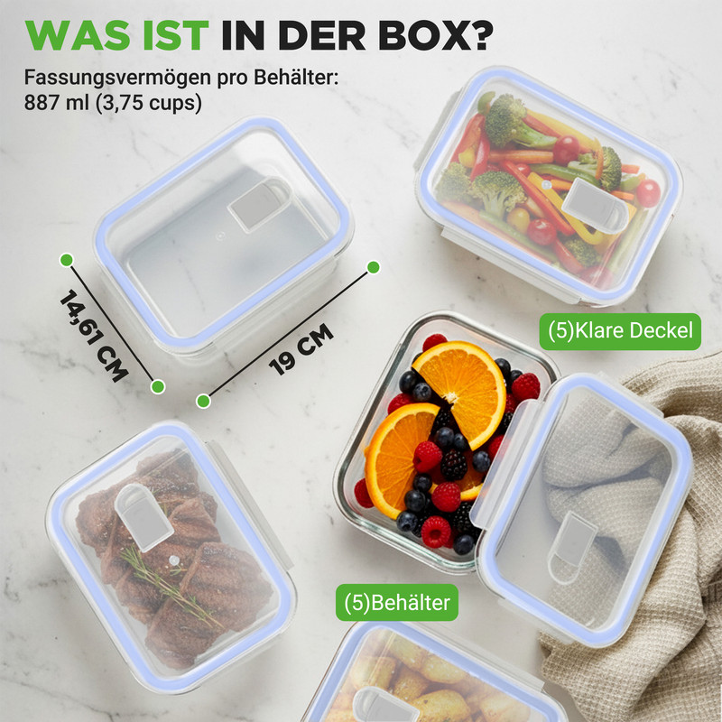 Mehrere Glasbehälter mit Lebensmitteln und Maßen.